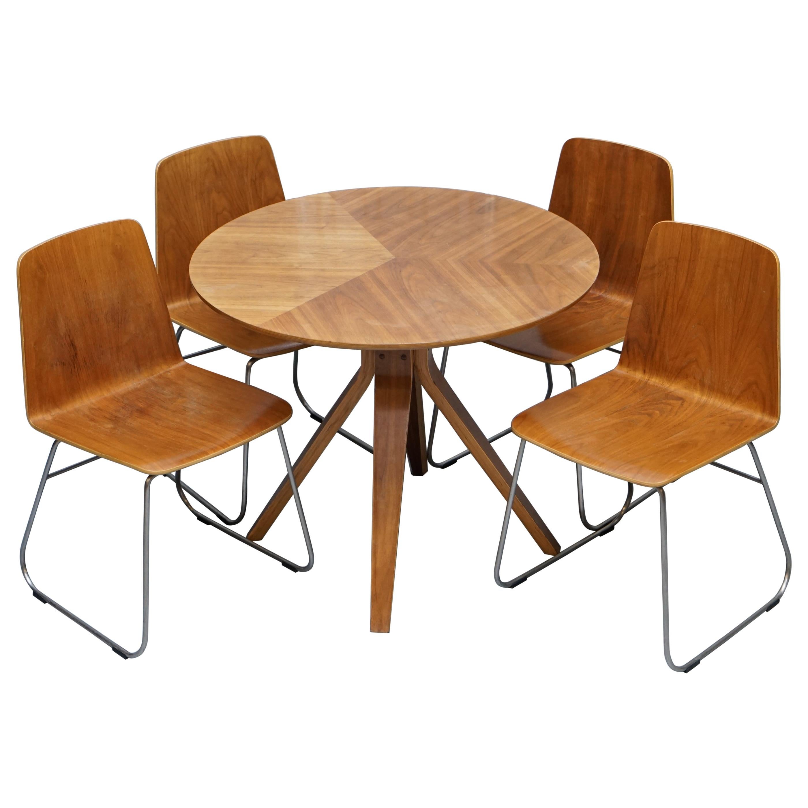 Mid-Century Modern Bent Plywood Dining Table and Four Chairs with Chrome Bases
