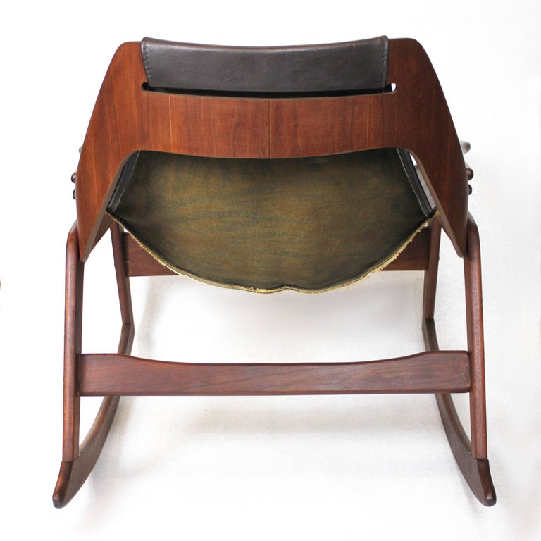 Mid Century Modern Bent Plywood Leather Sling Rocking Chair By