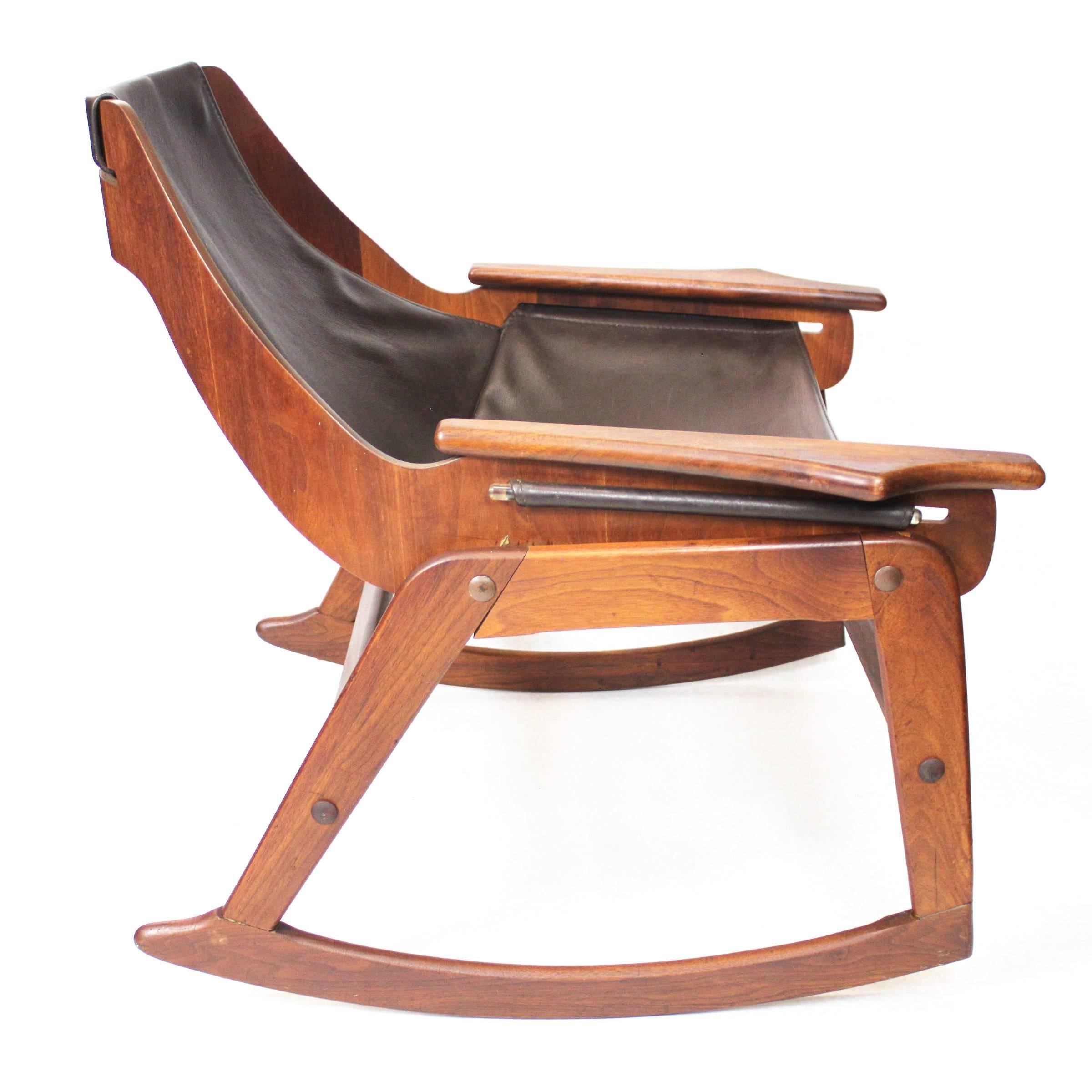 American Mid-Century Modern Bent Plywood Leather Sling Rocking Chair by Jerry Johnson