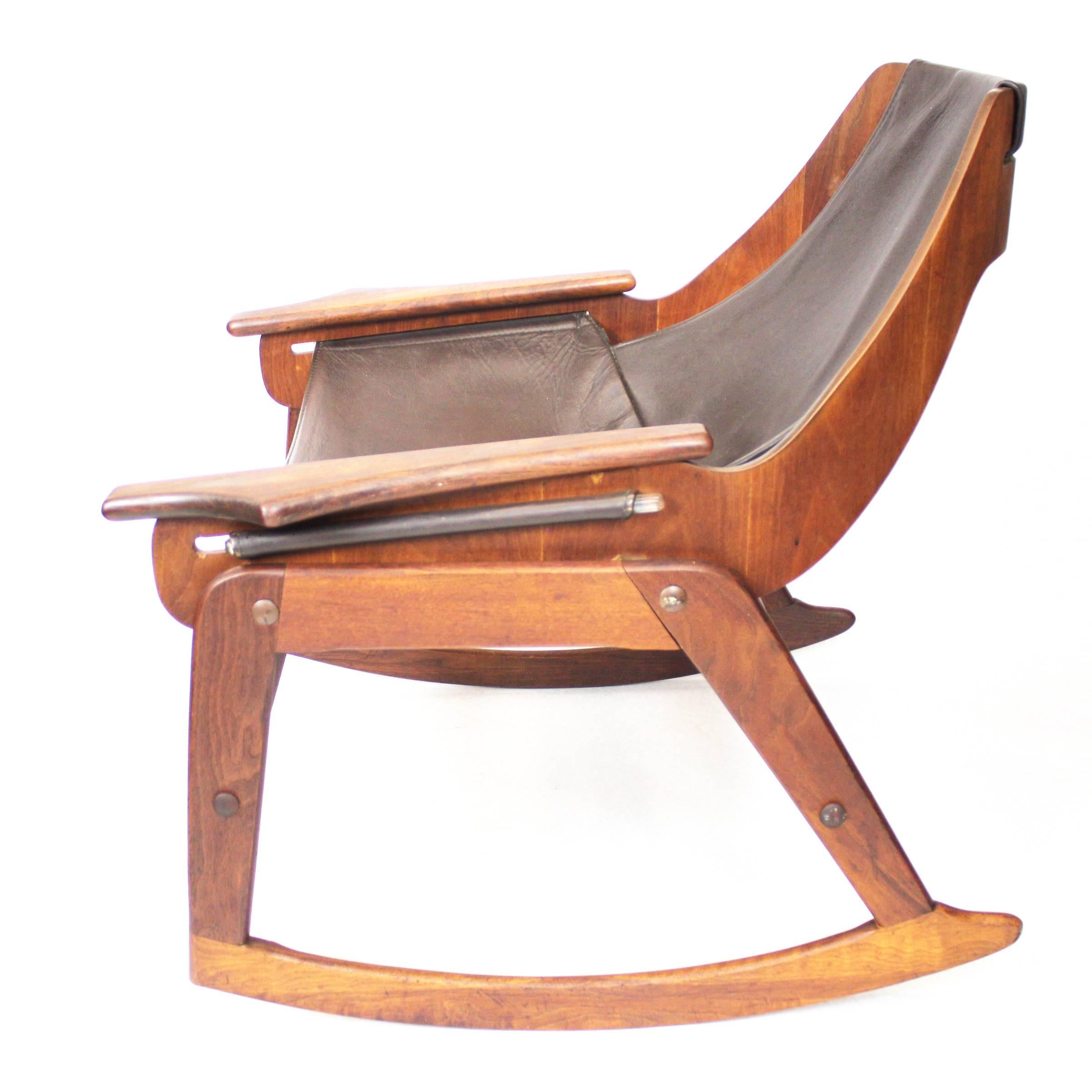 Laminated Mid-Century Modern Bent Plywood Leather Sling Rocking Chair by Jerry Johnson