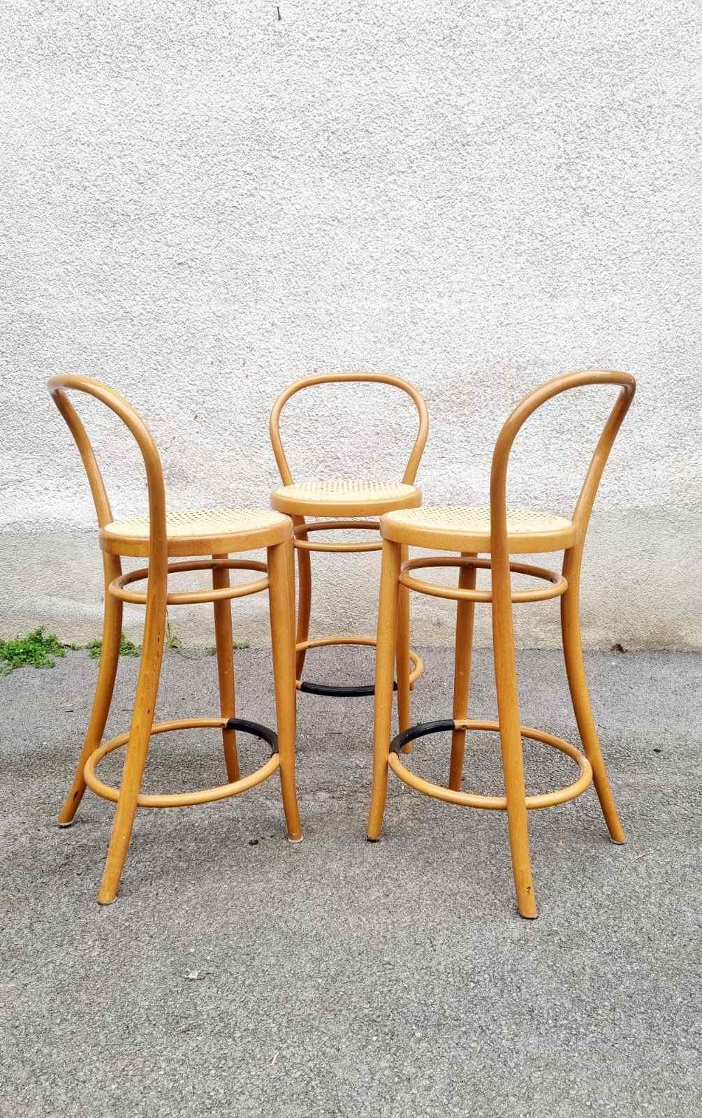 Italian Mid Century Modern Bentwood Bar Stools, Thonet Style Chairs, Italy 80a For Sale