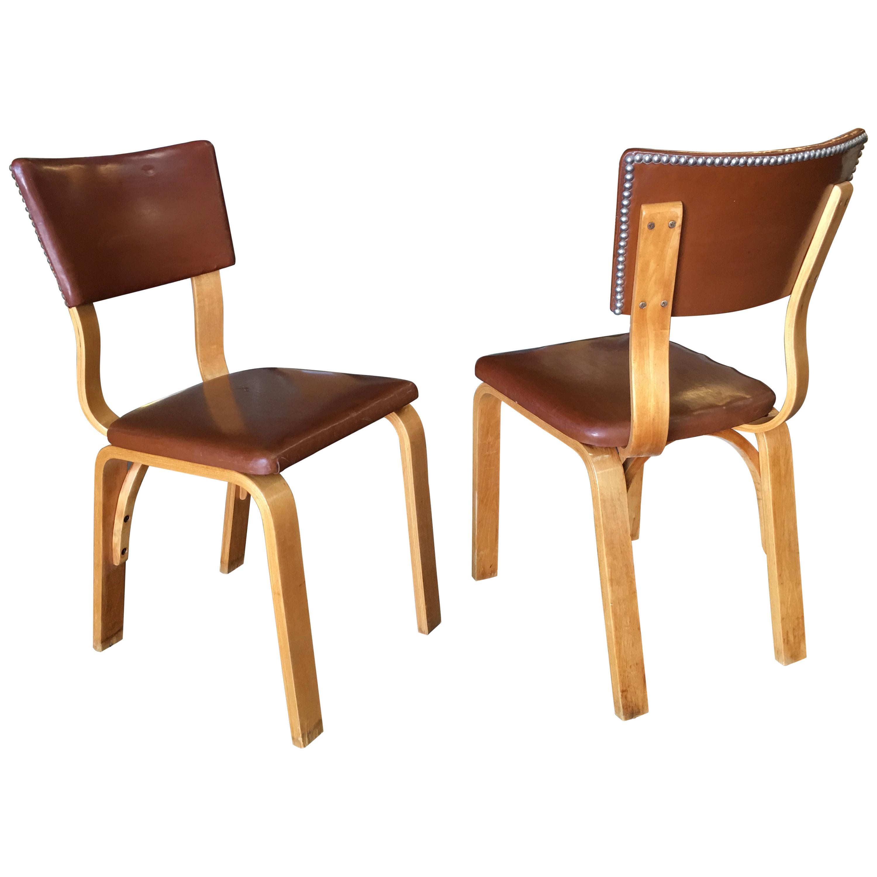 Mid-Century Modern Bentwood Side Chair Pair with Nailhead Back by Thonet