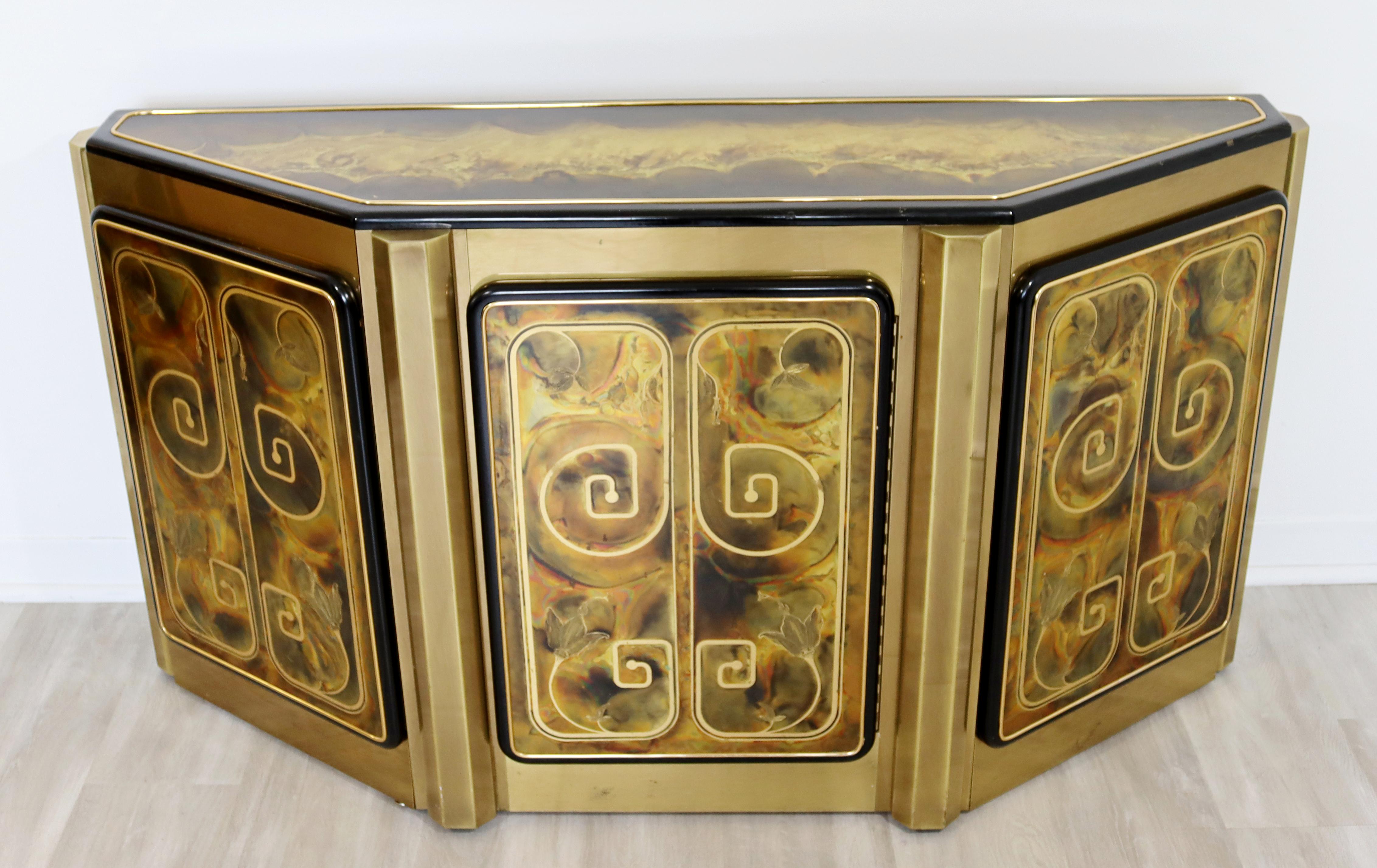 For your consideration is an astonishing, acid etched brass credenza, with one shelf, by Bernard Rohne for Mastercraft, circa the 1960s. In very good vintage condition. The dimensions are 54