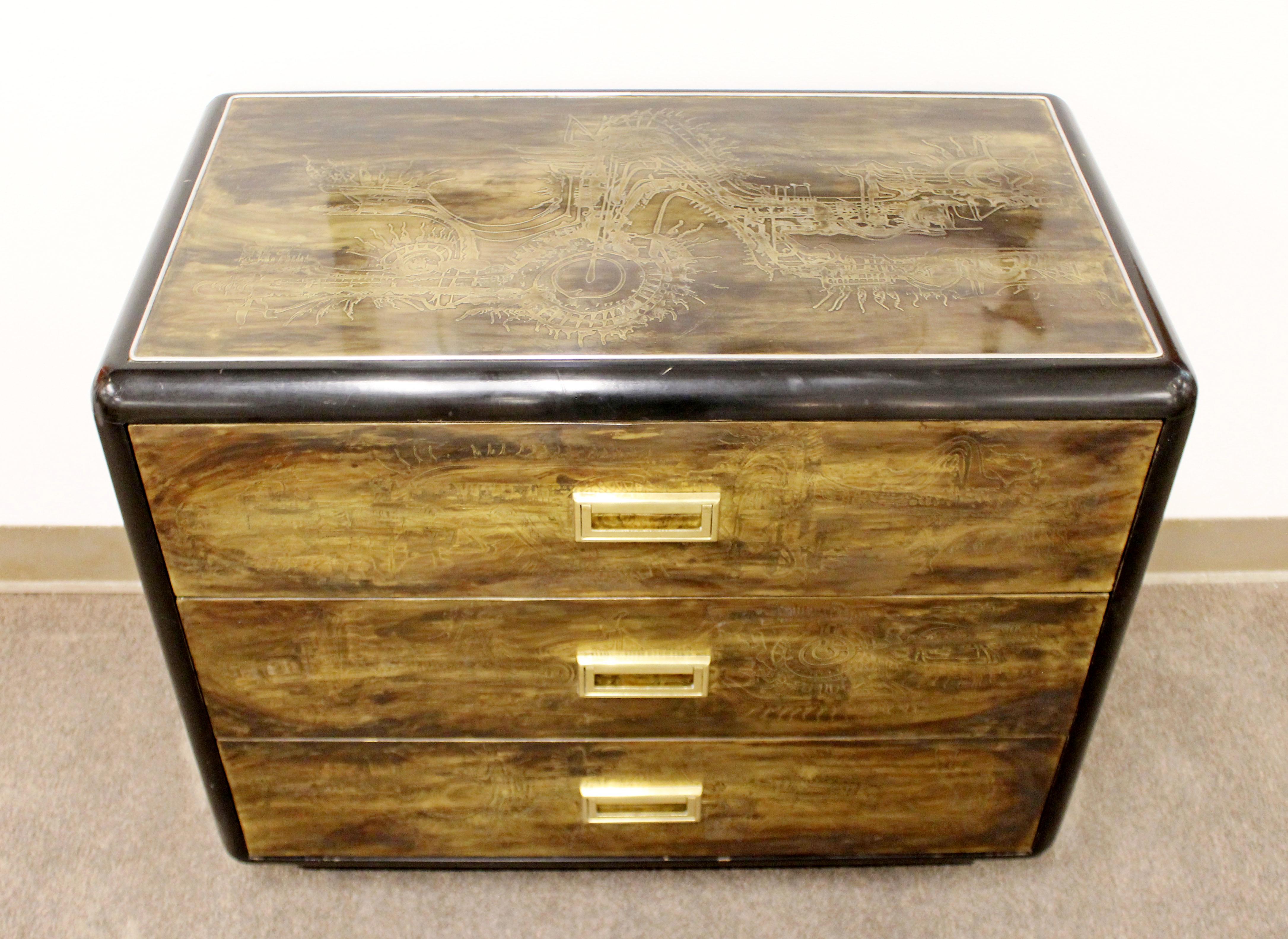 For your consideration is a phenomenal, acid etched chest or cabinet of drawers, with a gold chinoiserie design, by Bernard Rohne for Mastercraft, circa early 1970s. In excellent vintage condition. The dimensions are 31
