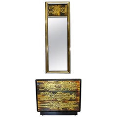 Mid-Century Modern Bernard Rohne Mastercraft Acid Etched Mirror & Cabinet, 1970s