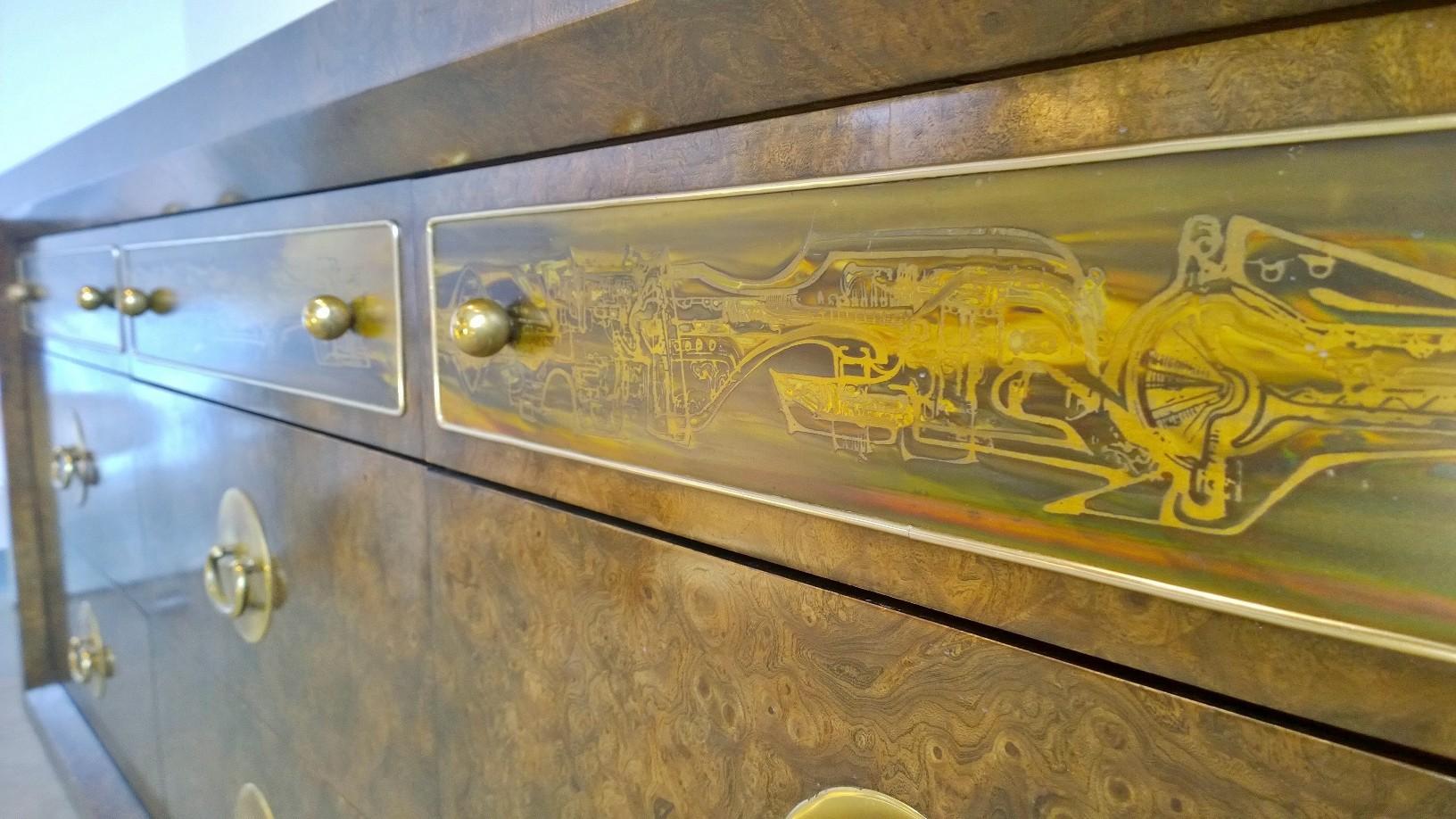 American Bernhard Rohne Burl Wood, Brass Hardware with Etched Brass Dresser / Sideboard For Sale