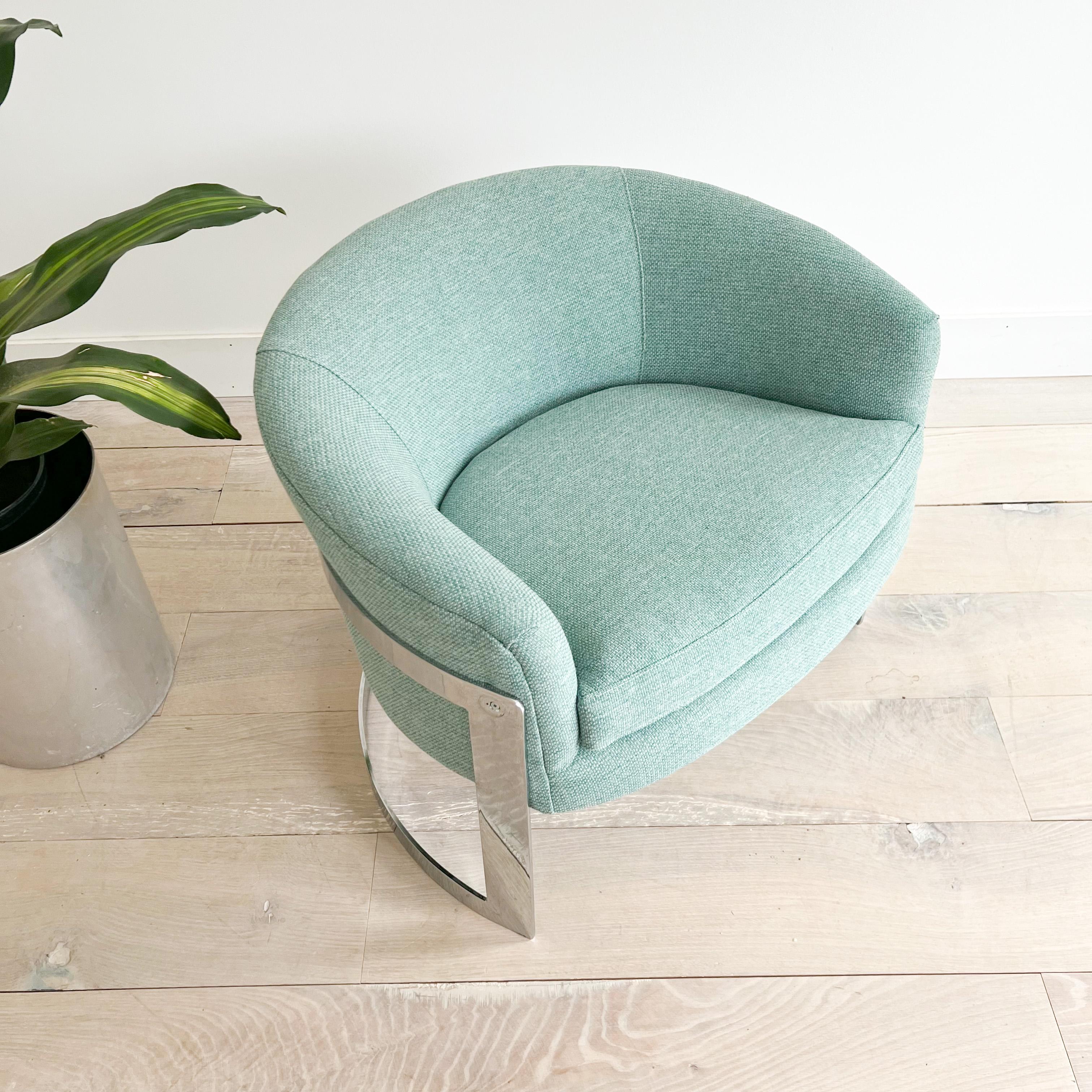 Mid-Century Modern lounge chair by Bernhardt. New sea foam green upholstery. Some light wear to the chrome from age appropriate wear.