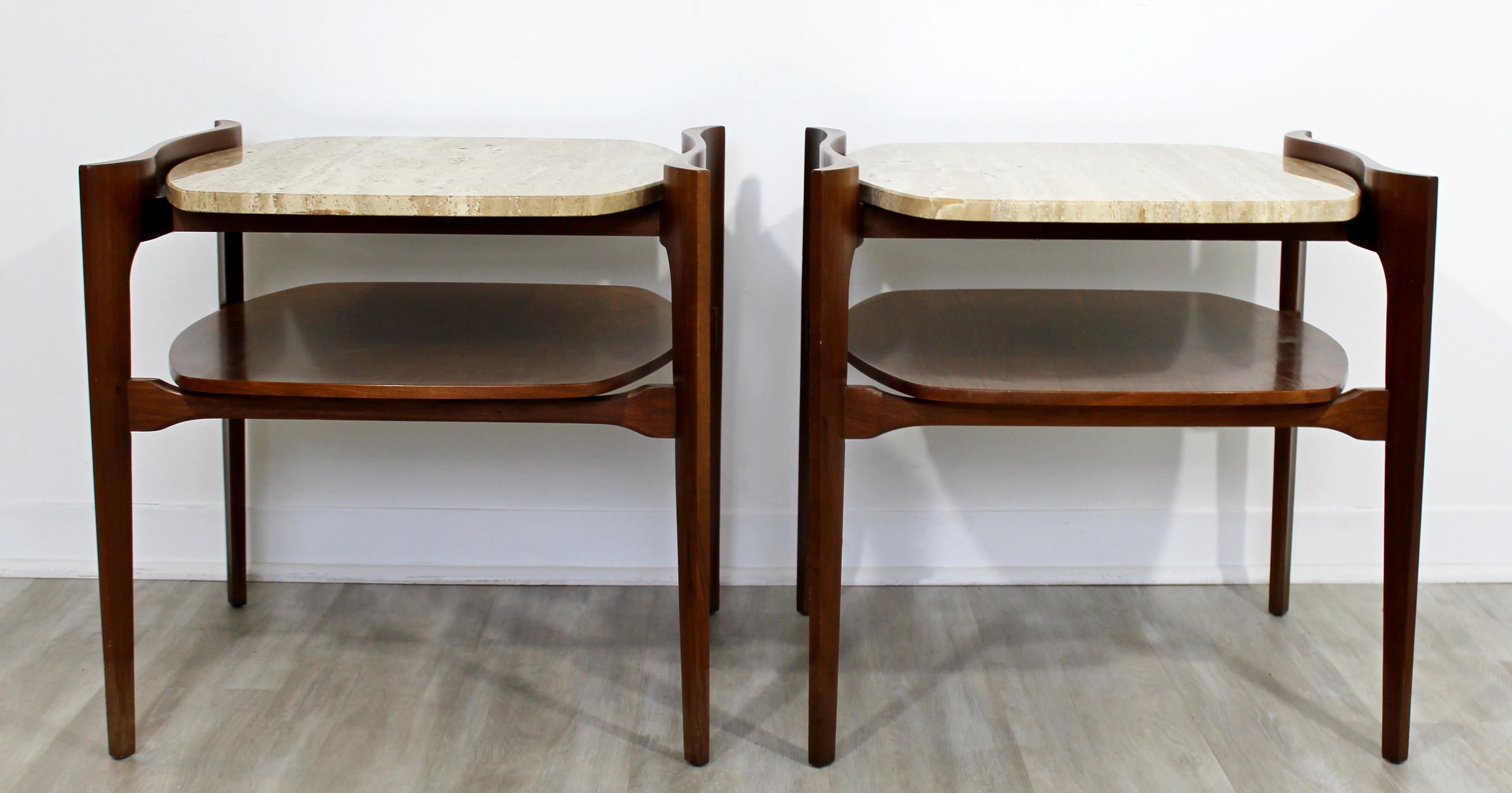 Mid-Century Modern Bertha Schaeffer Table Set Walnut Travertine Coffee Pair Side 1