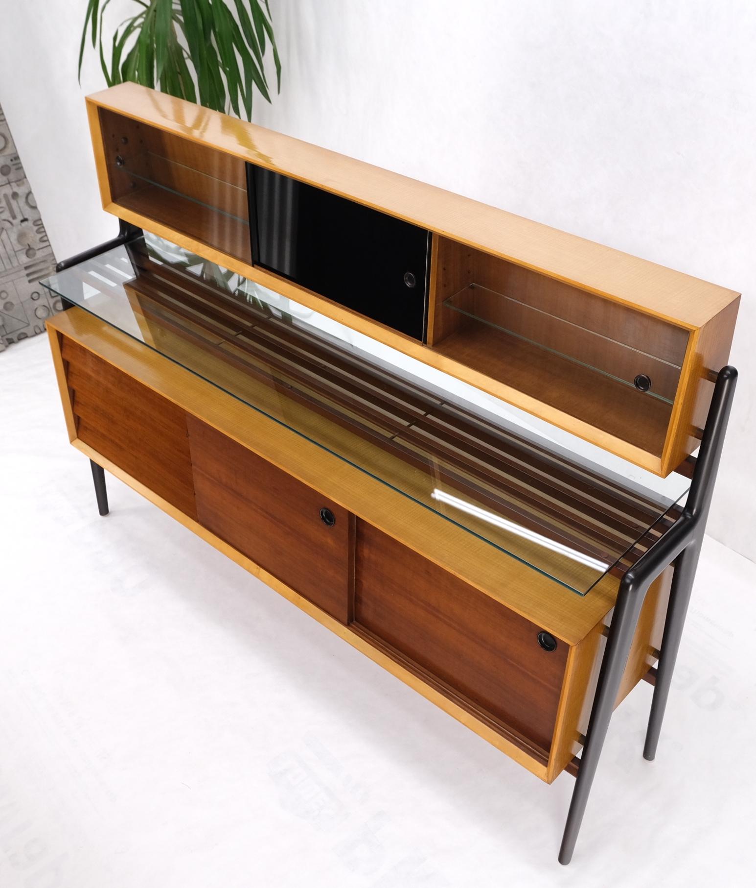 Mid-Century Modern Bi Level Long Credenza Server Dresser Cabinet Ebonized Legs For Sale 3