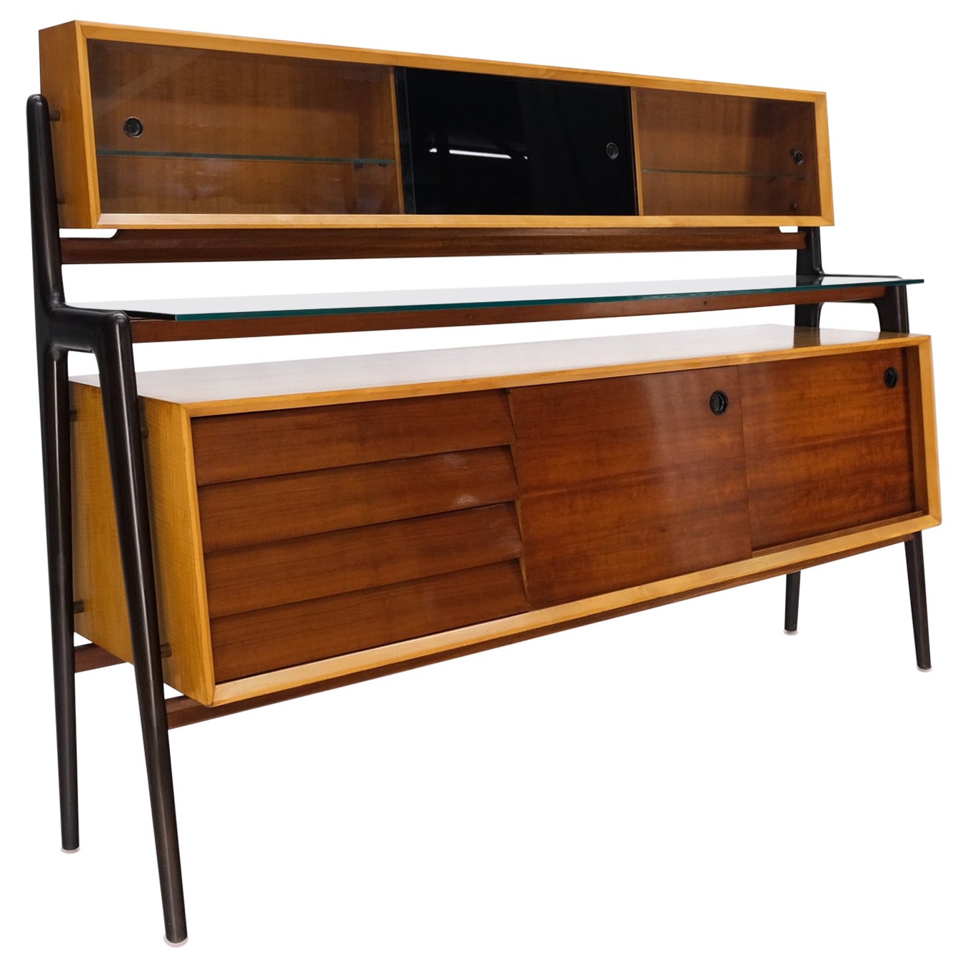 Moderna de Mitad de Siglo Credenza larga de dos niveles Armario aparador Patas ebonizadas