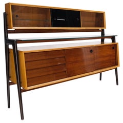 Mid-Century Modern Bi Level Long Credenza Server Dresser Cabinet Ebonized Legs