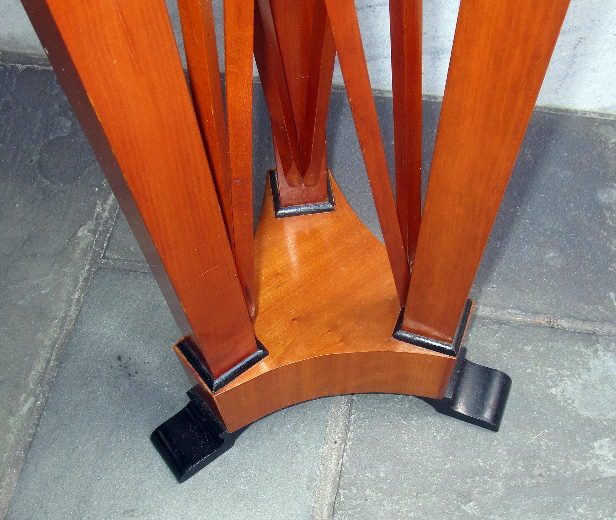 Classic modern pair of veneered maple pedestals in the Biedermeier style. Nice detail with ebony accents. Sturdy footing for holding heavy decorative objects or plants.See measurements below.