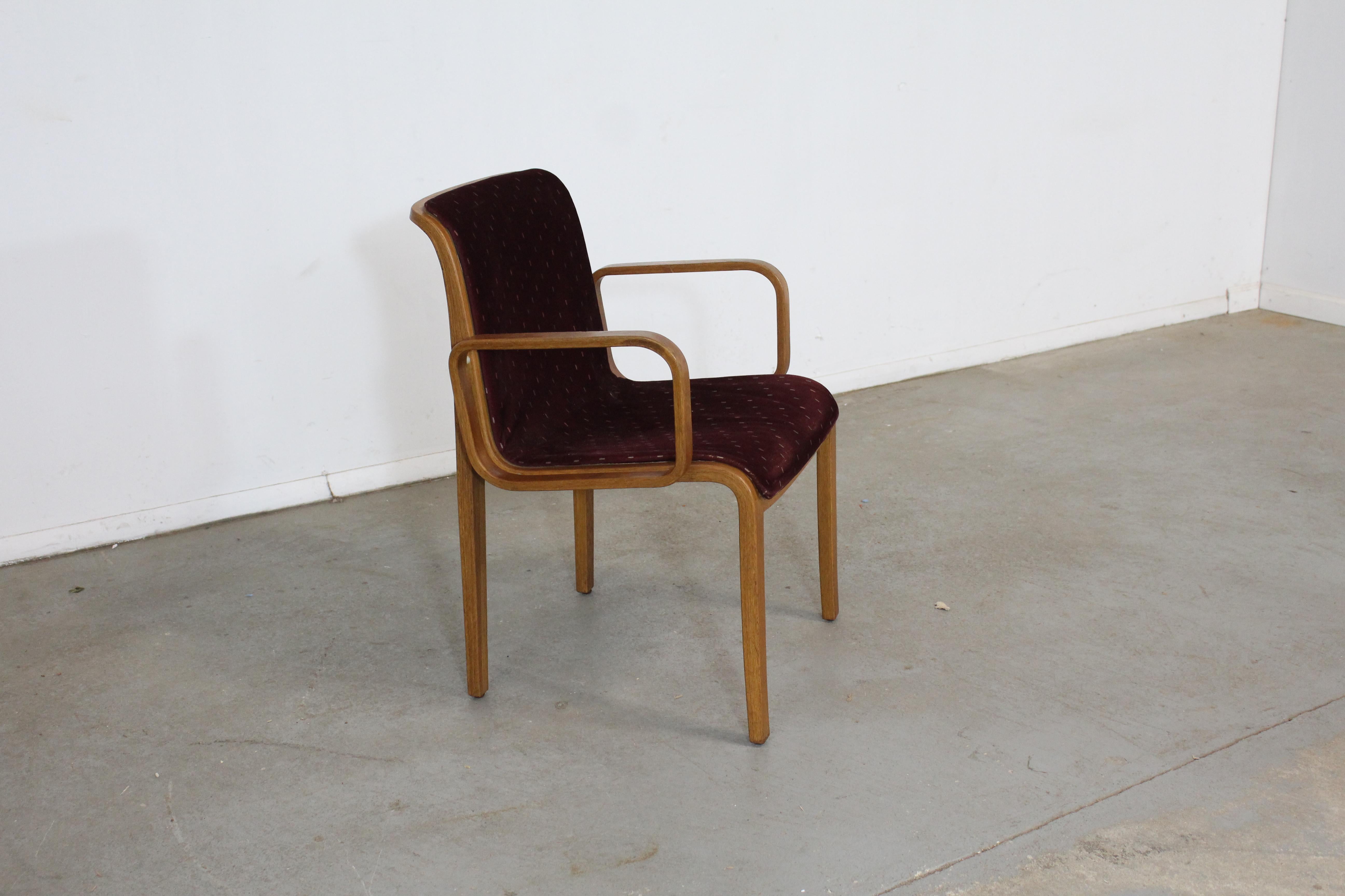 Mid-Century Danish Modern Bill Stevens knoll walnut arm chair

Offered is a vintage mid-century arm chair (model 1305UO) designed by Bill Stevens for Knoll circa 1970. It is made with bentwood and has the original upholstery. In good condition