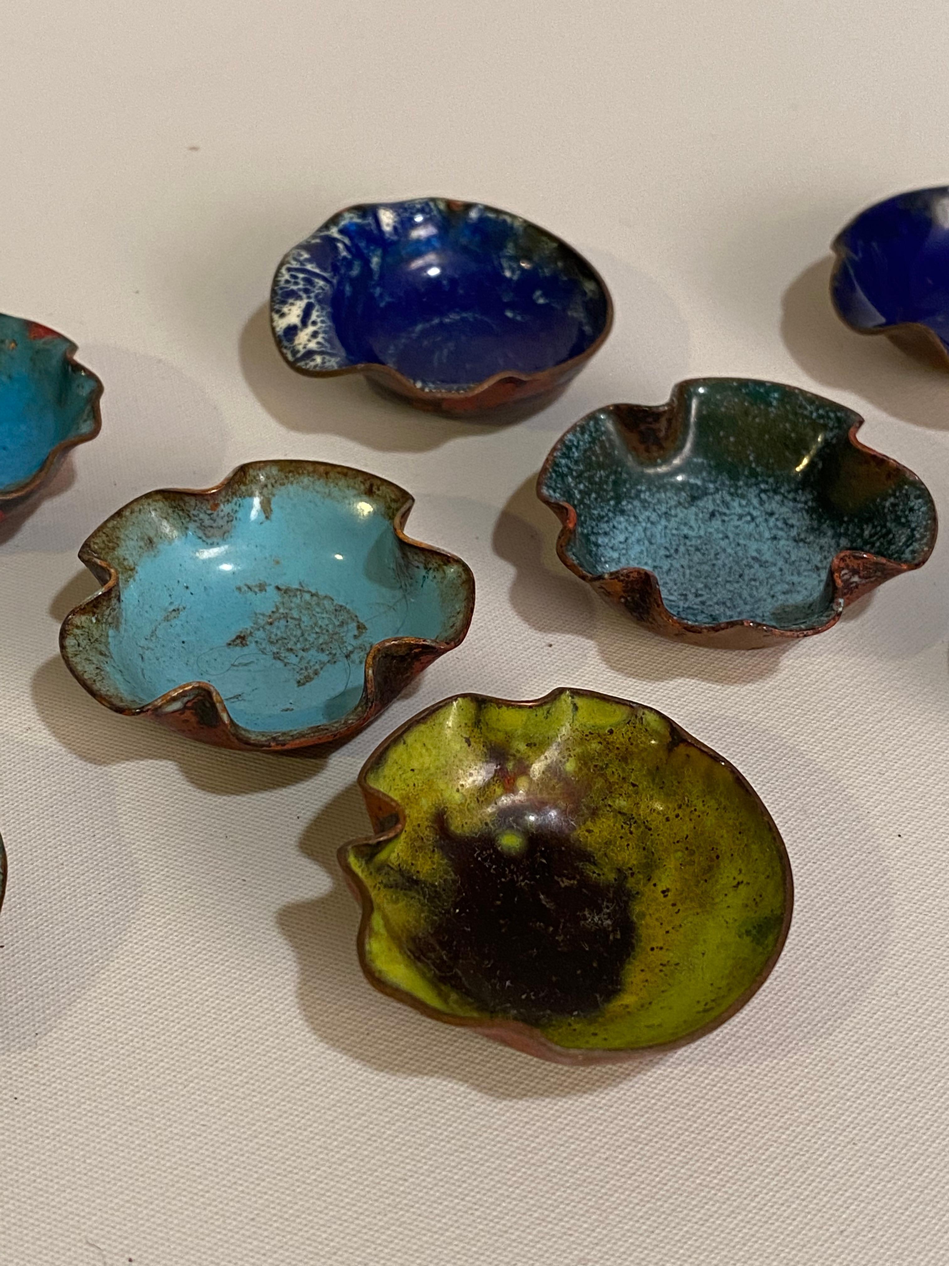 American Mid Century Modern Biomorphic Enamel on Copper Salts, Set of Eight For Sale
