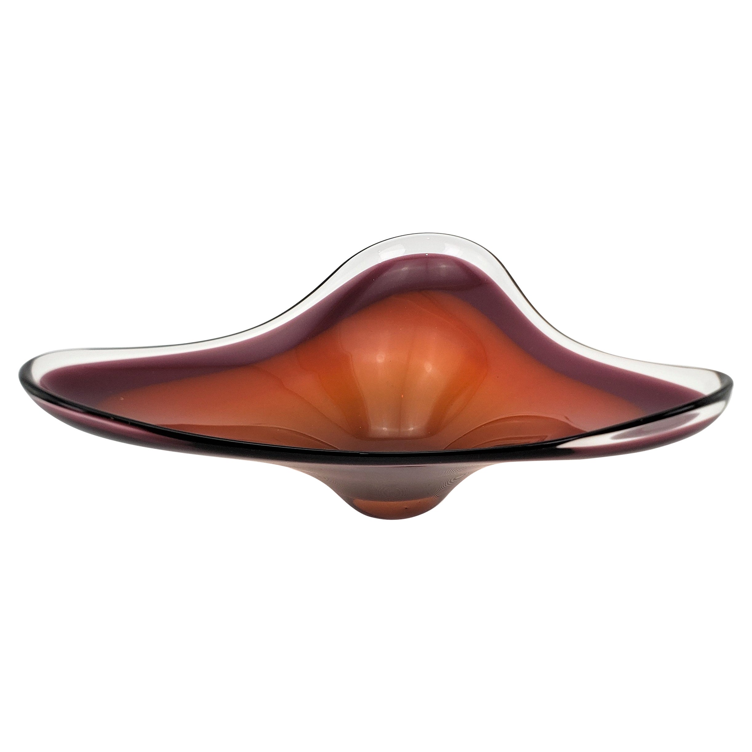 Mid-Century Modern Biomorphic Orange, Purple 
Clear Art Glass Centerpiece Bowl