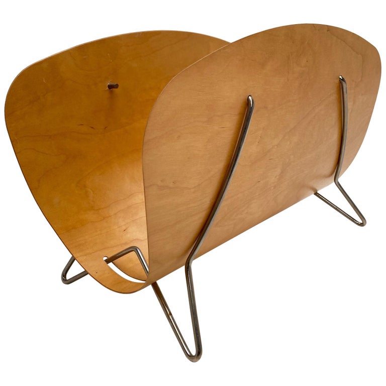 MidCentury Modern Birch Plywood and Chromed Steel Wire Magazine Rack For Sale at 1stDibs