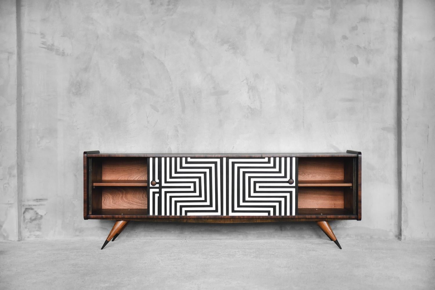 Scandinavian Mid-Century Modern Birch Sideboard with Op-Art Pattern, 1960s