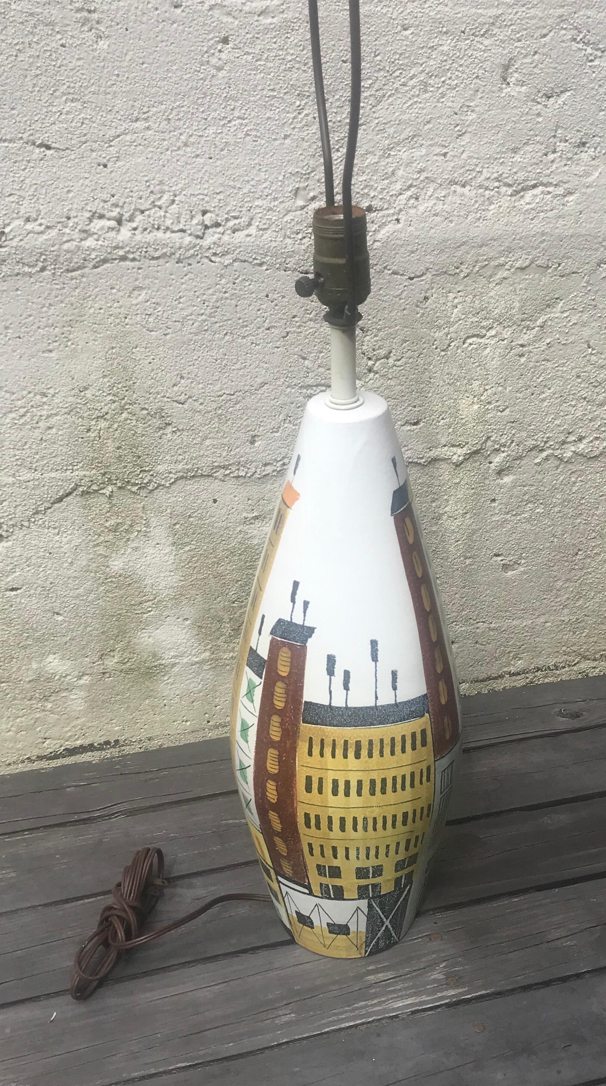 Mid-Century Modern Bitossi Ceramic Table Lamp, Cityscape, 1960s, Italy In Good Condition In Bedford Hills, NY