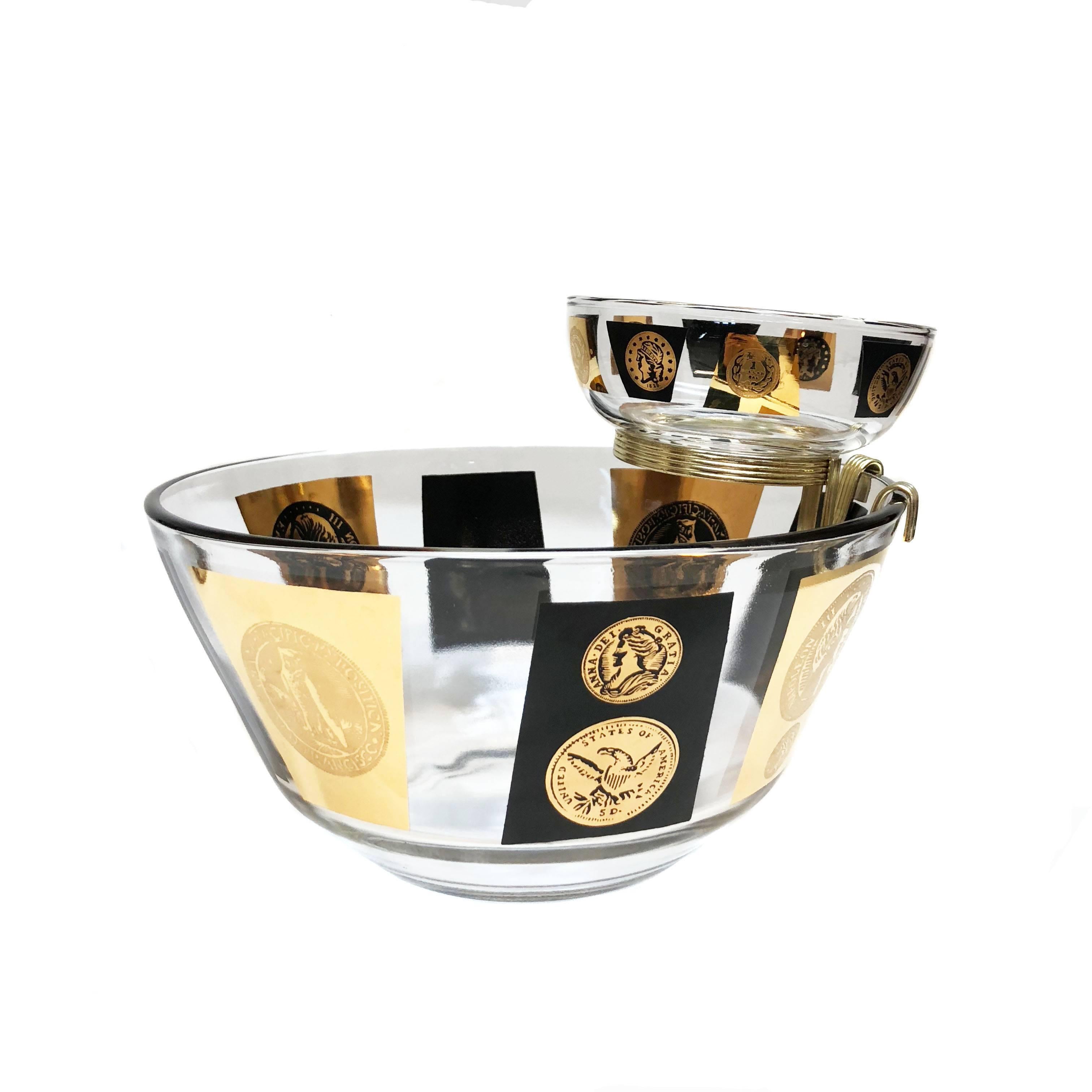 Mid-Century Modern Black and 22-Karat Gold Coin Design Large Glassware Set, Cera For Sale 4