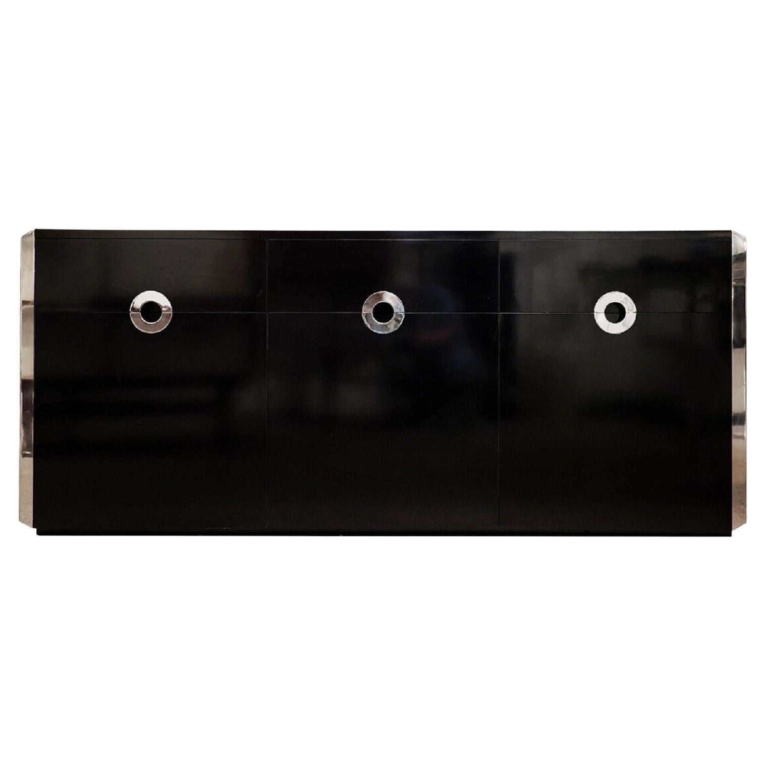 Mid Century Modern Black and Chrome Sideboard by Willy Rizzo for Mario Sabot