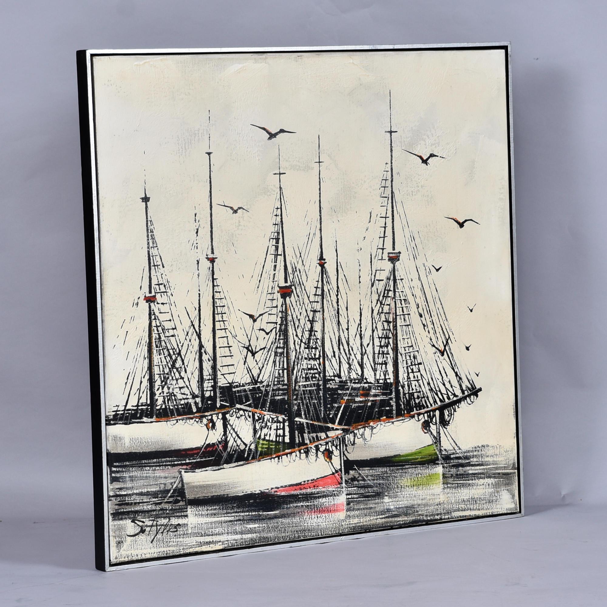 Cuadro velero náutico negro y crema moderno de mediados de siglo de R. Styles Lienzo en venta