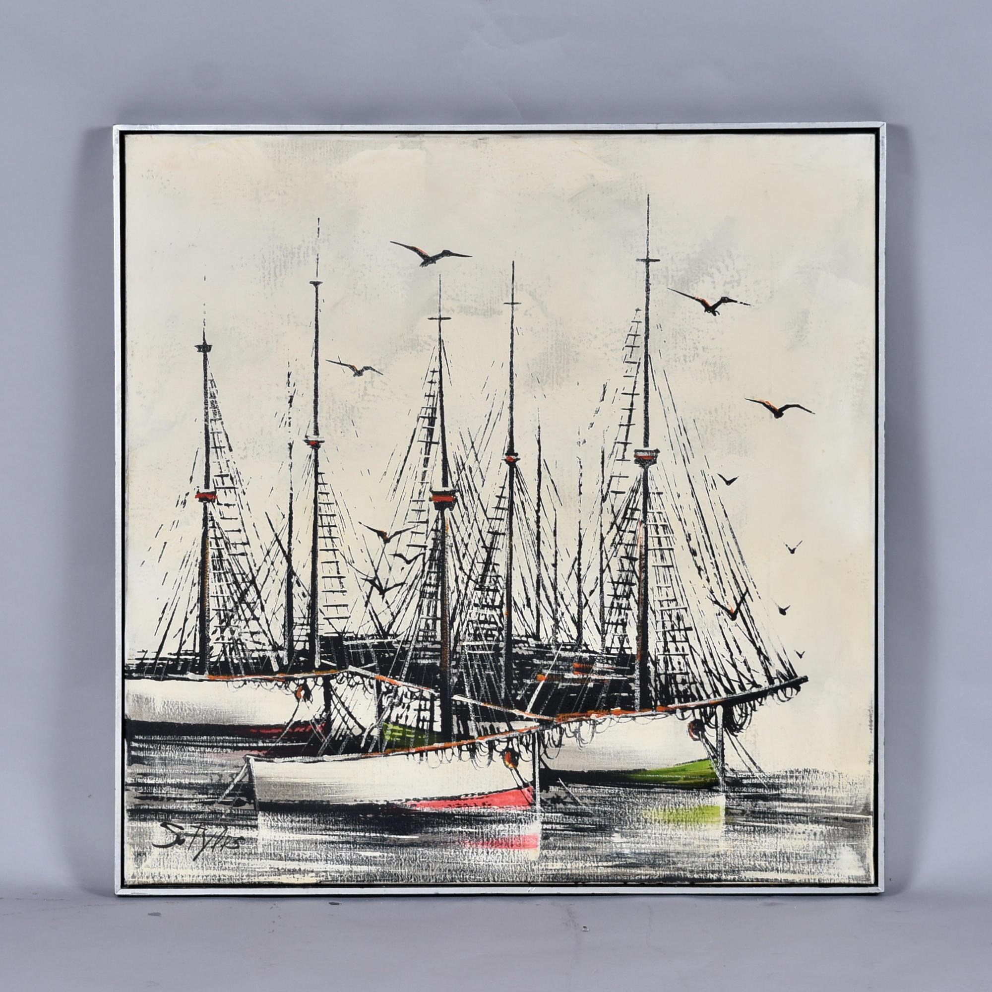 Cuadro velero náutico negro y crema moderno de mediados de siglo de R. Styles en venta 2