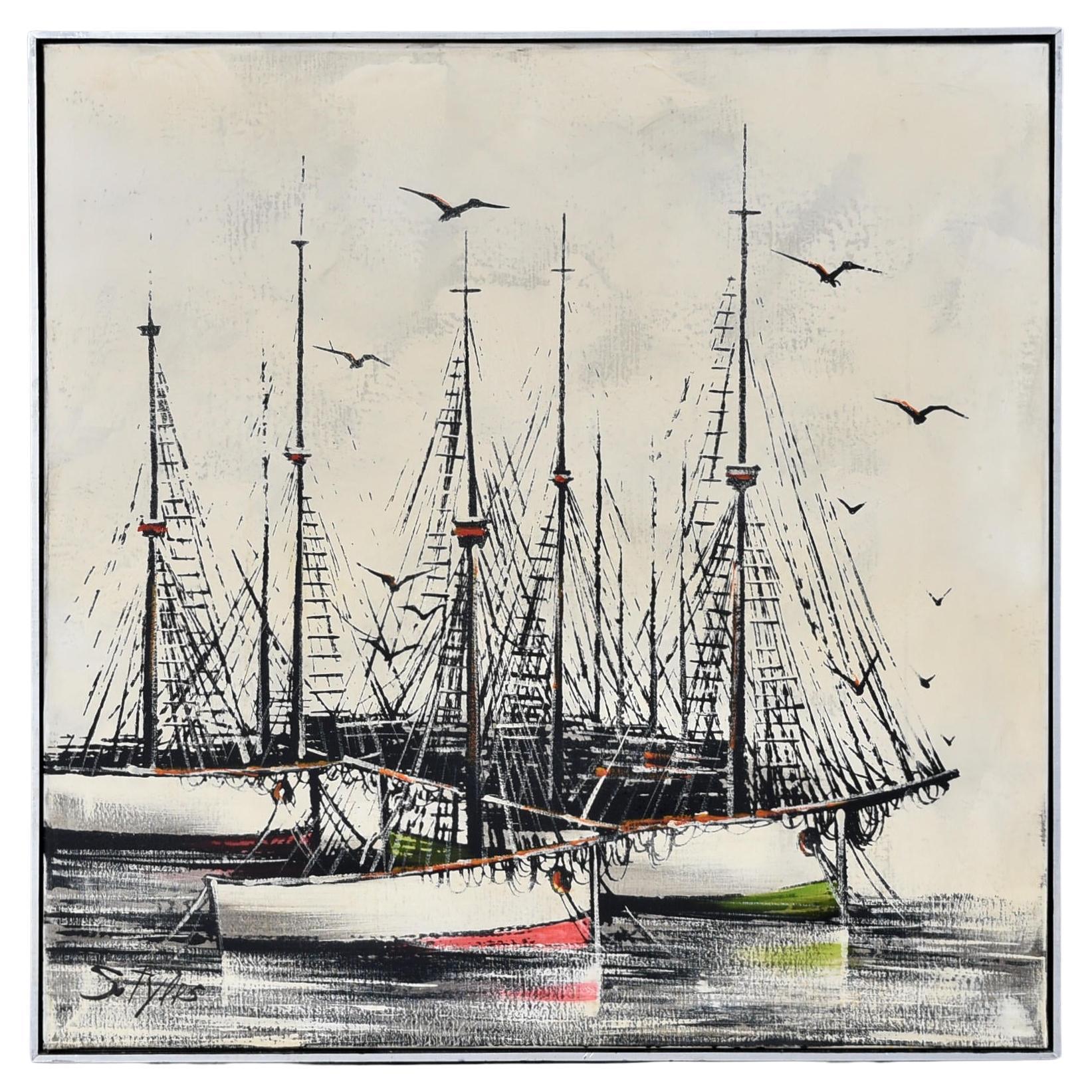 Cuadro velero náutico negro y crema moderno de mediados de siglo de R. Styles en venta