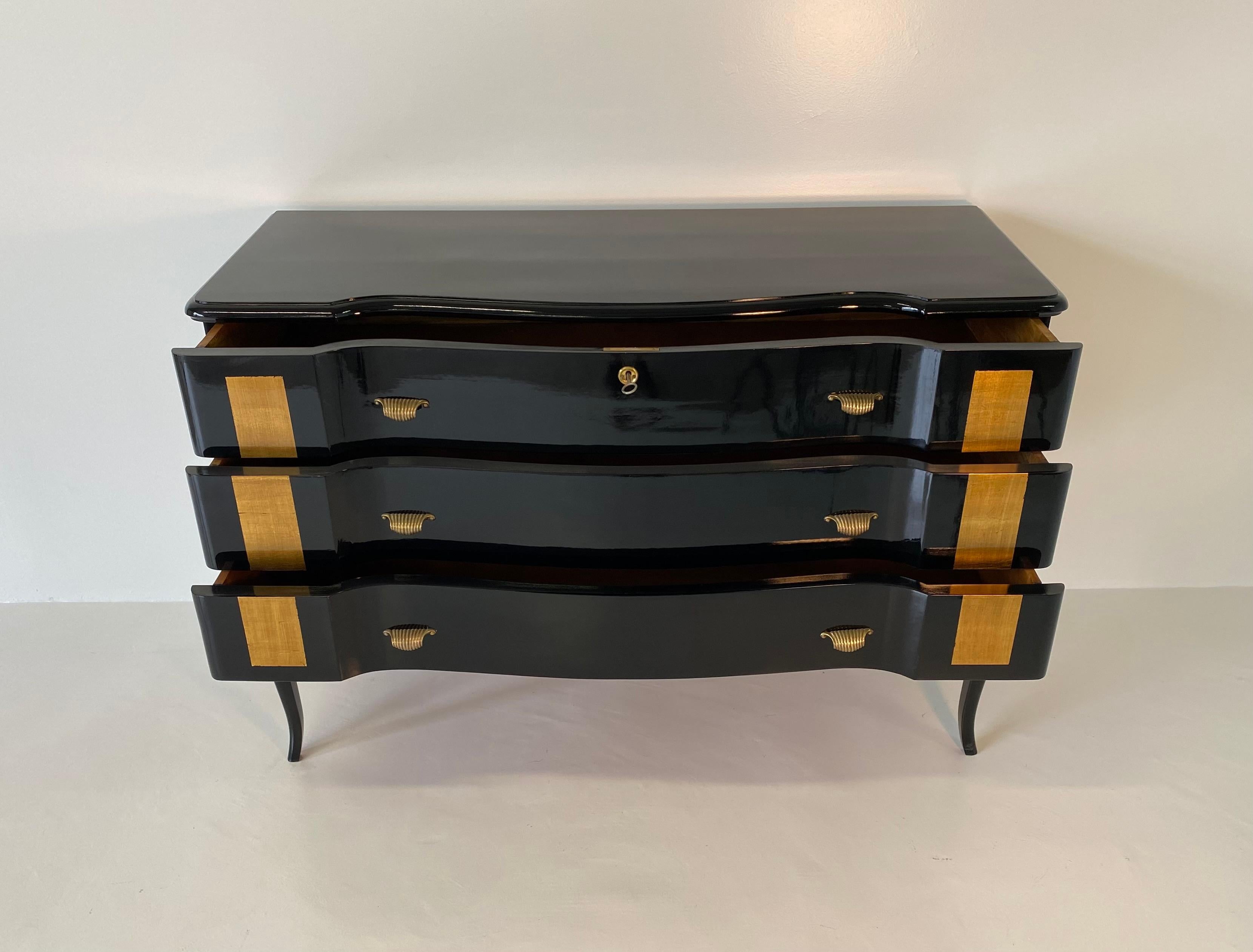 Italian Mid-Century Modern Black and Gold Leaf Chest of Drawers, 1950s 3