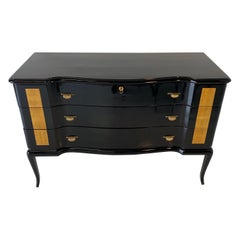 Mid-Century Modern Black and Gold Leaf Chest of Drawers, Italy
