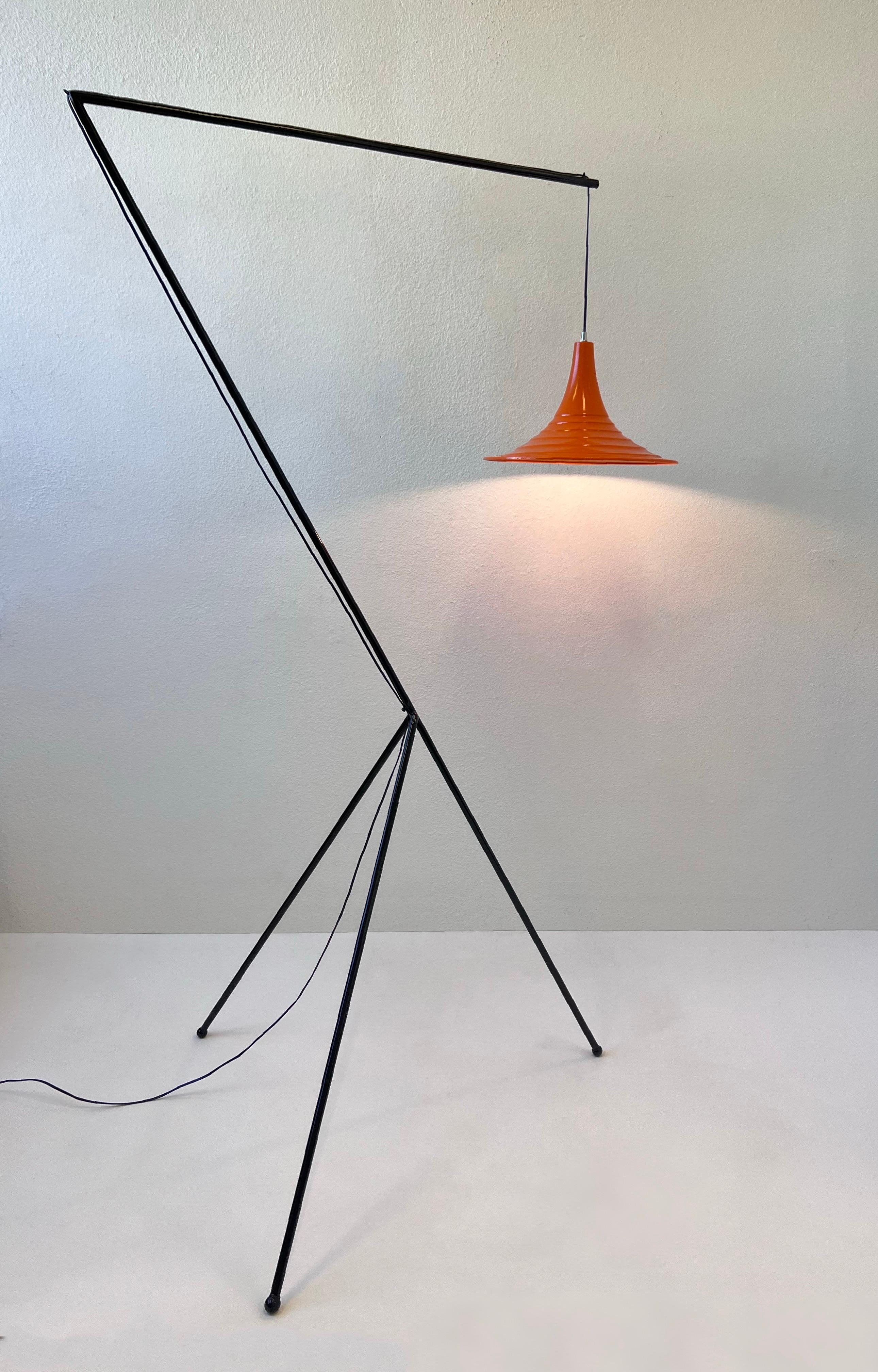 American Mid-Century Modern Black and Orange Iron Tripod Floor Lamp  For Sale