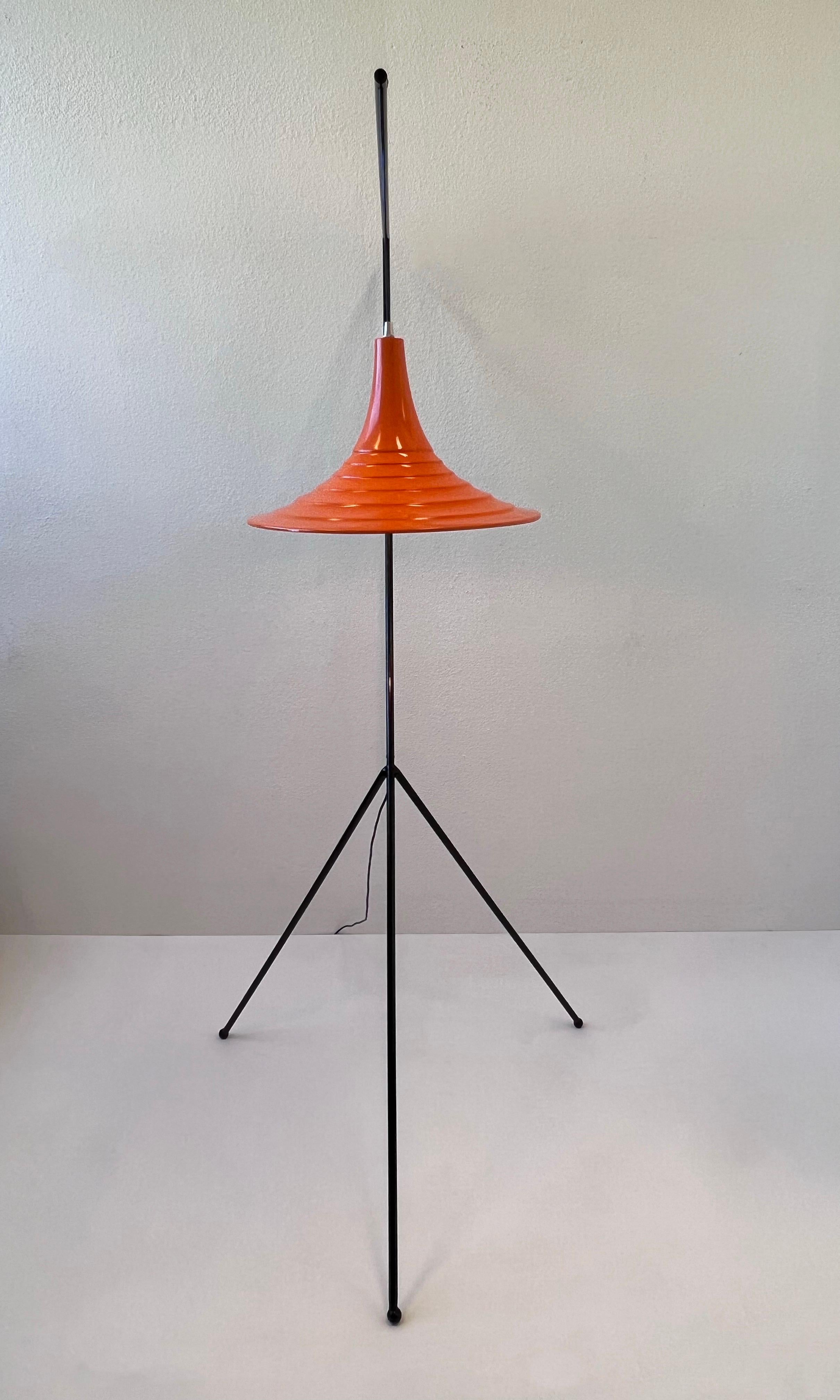 Mid-20th Century Mid-Century Modern Black and Orange Iron Tripod Floor Lamp  For Sale