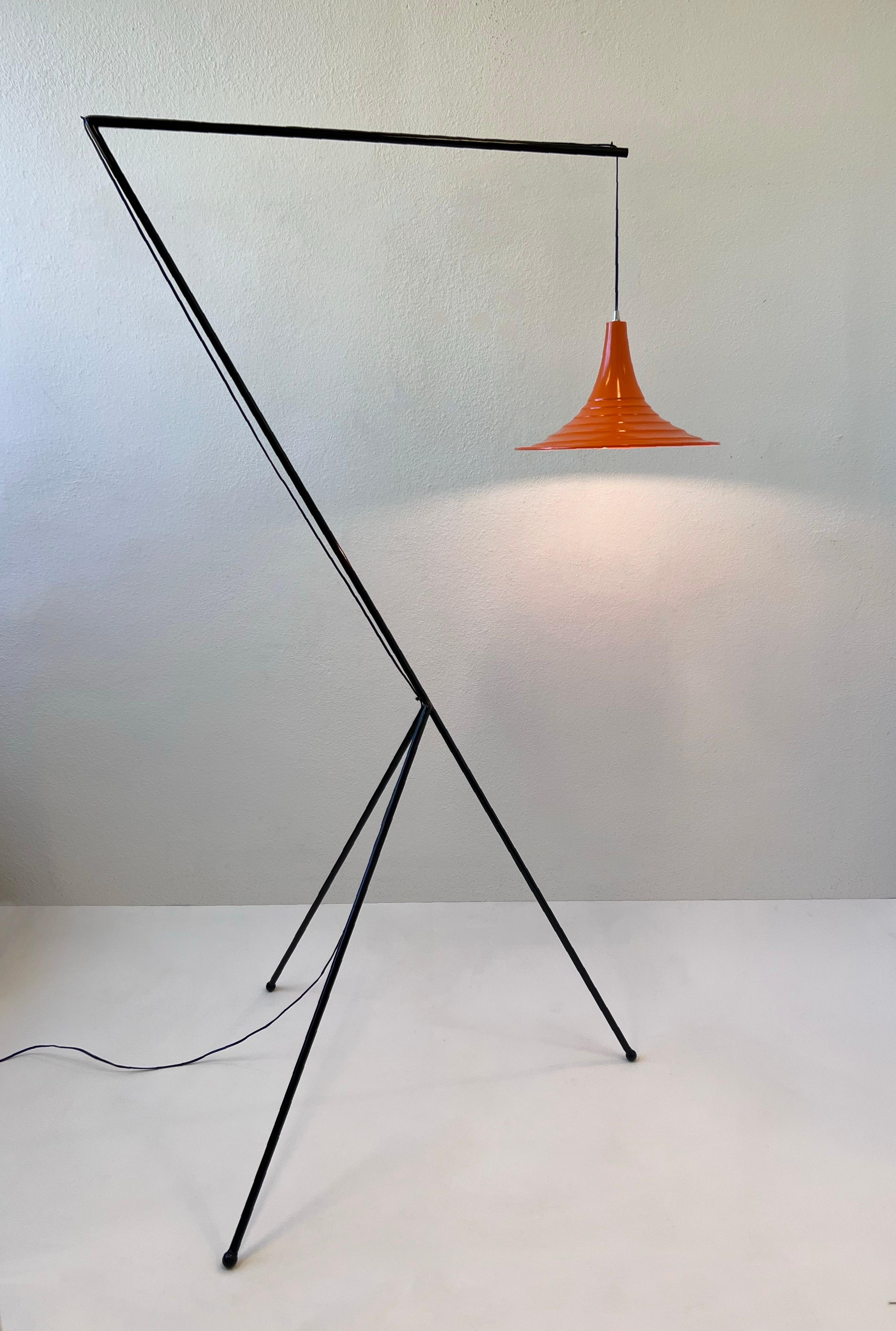 Steel Mid-Century Modern Black and Orange Iron Tripod Floor Lamp  For Sale