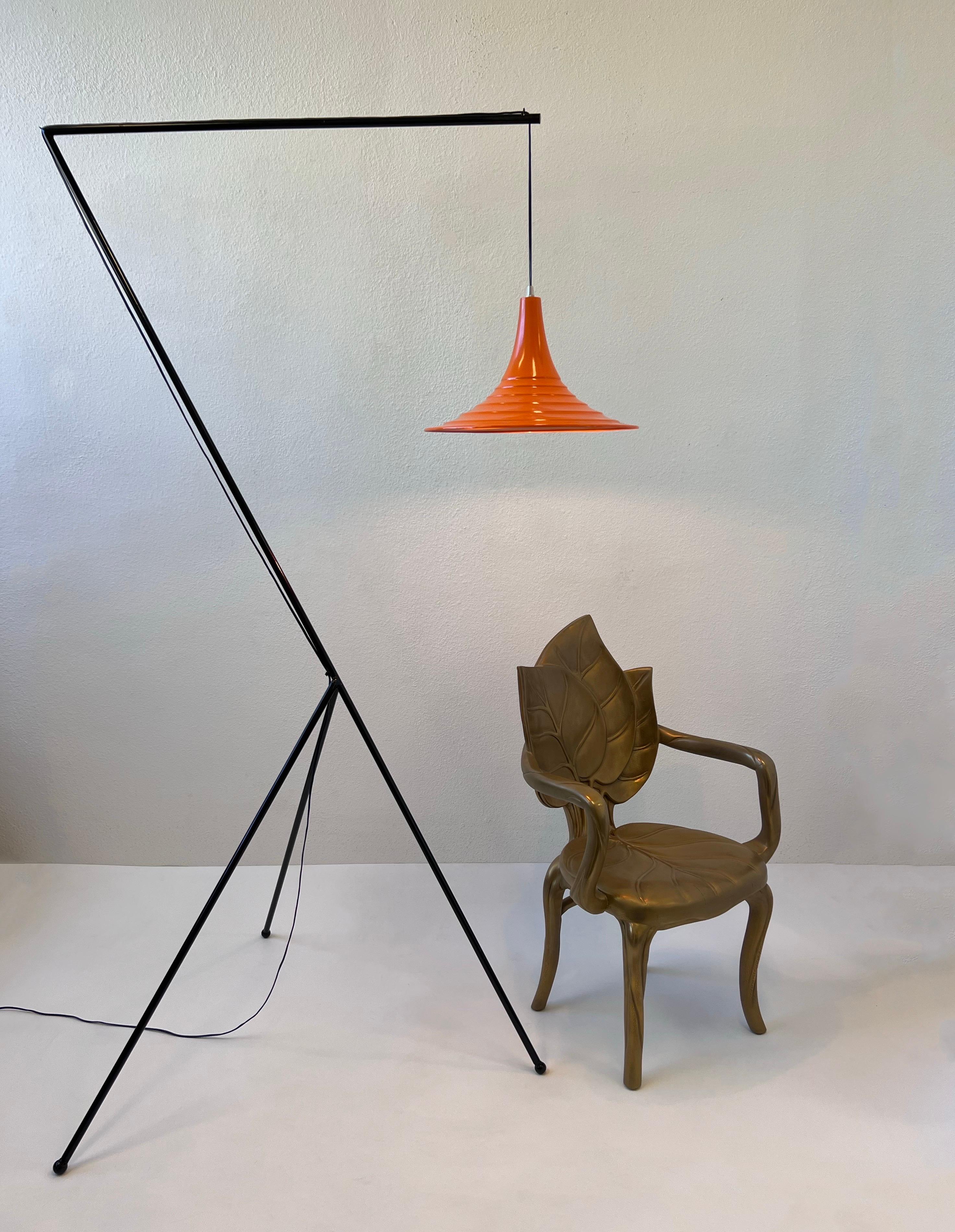Mid-Century Modern Black and Orange Iron Tripod Floor Lamp  For Sale 1