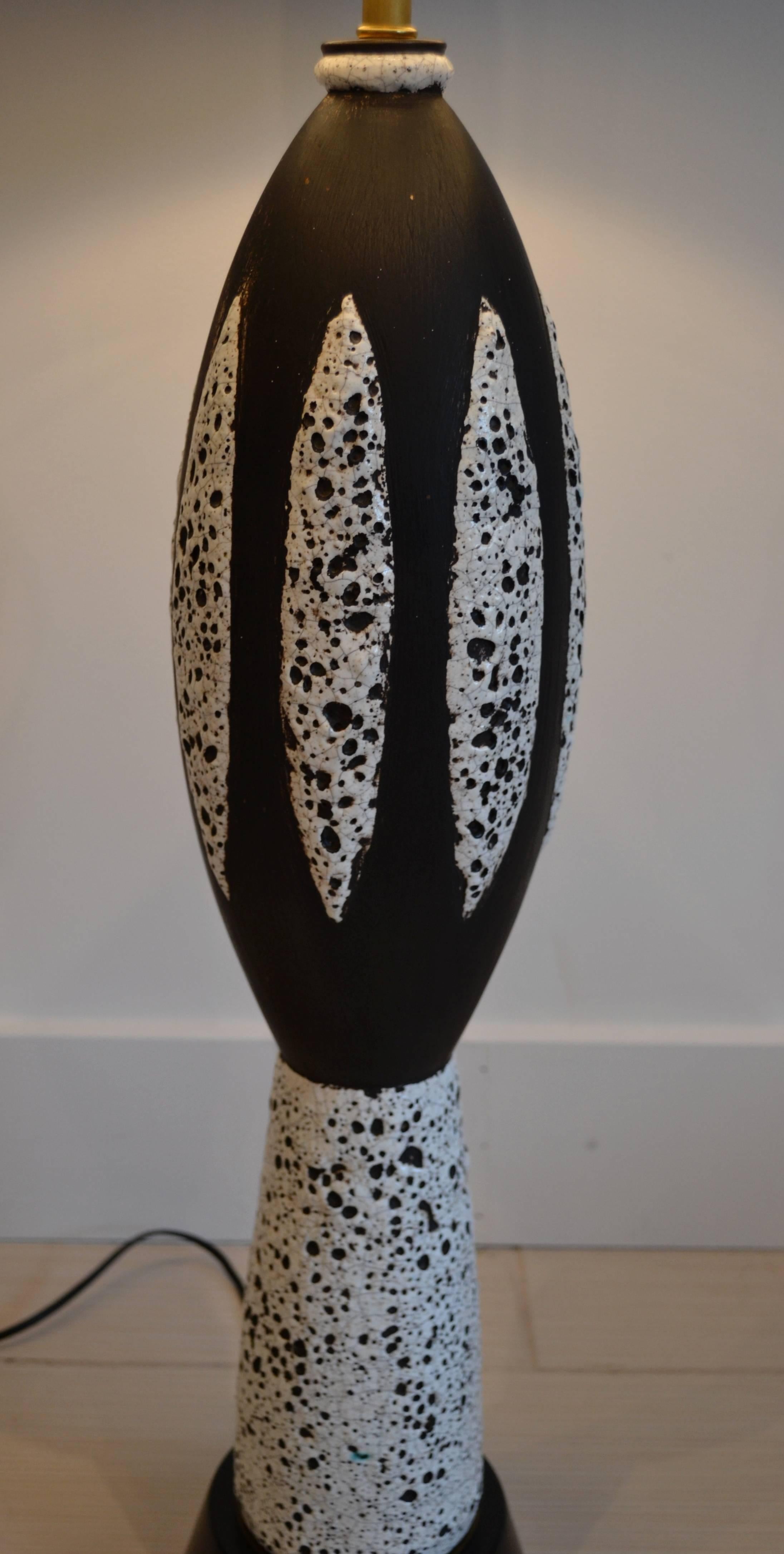 Super cool black and white spotted ceramic table lamp, mat finish, 33 inches to top of socket, professionally rewired.