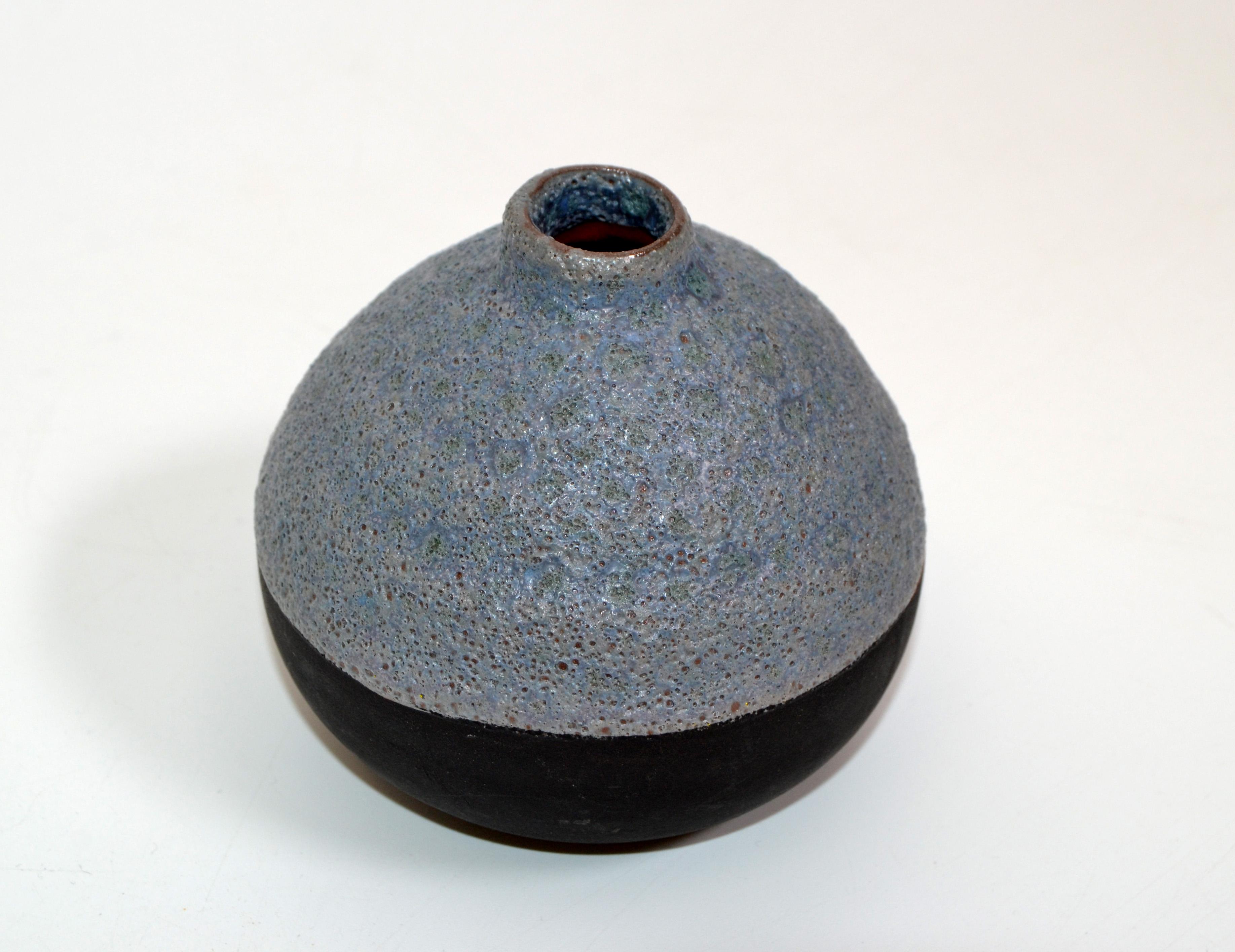 Glazed Mid-Century Modern Black & Blue American Raku Vase, Vessel Studio Art Pottery 80 For Sale