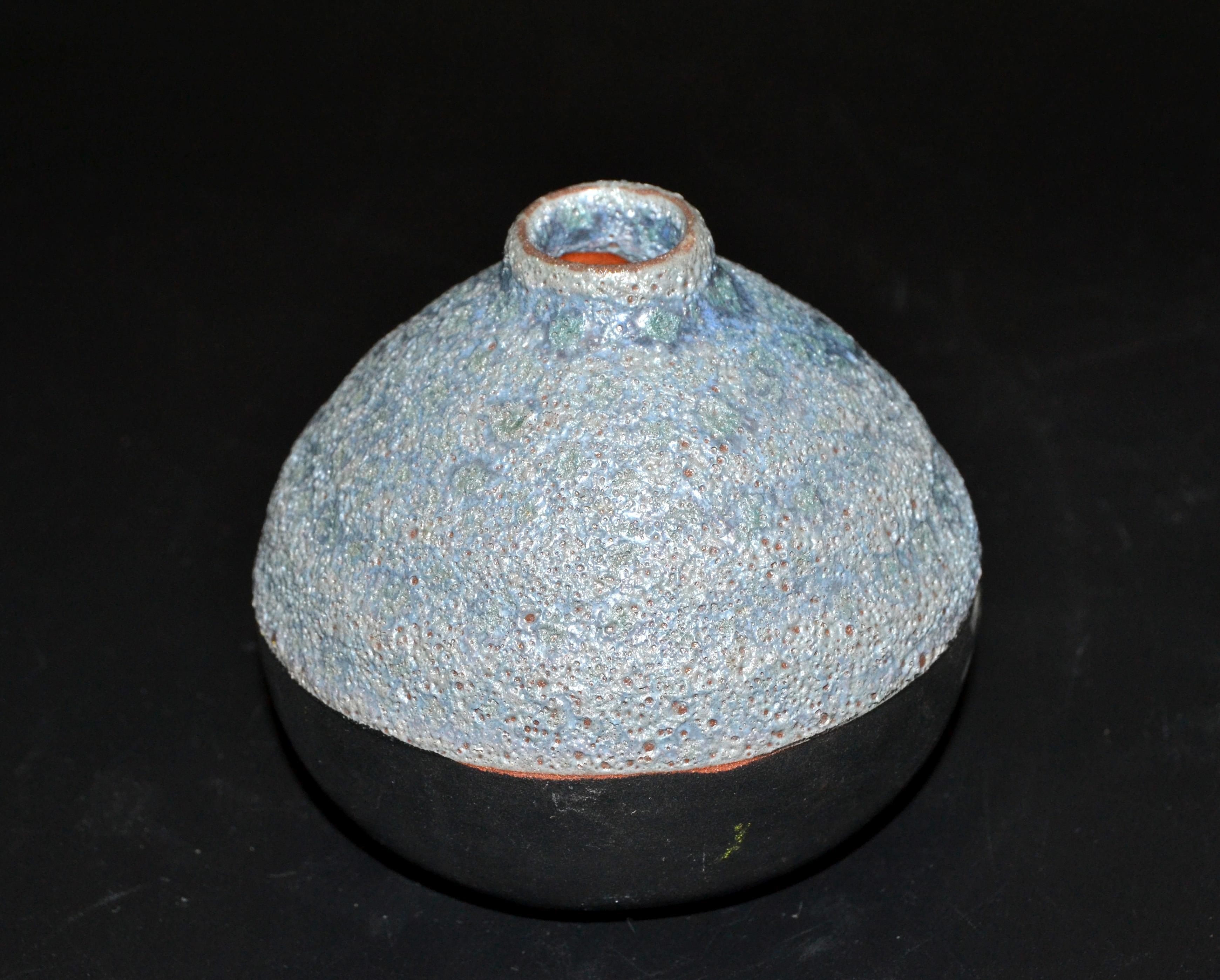 Clay Mid-Century Modern Black & Blue American Raku Vase, Vessel Studio Art Pottery 80 For Sale
