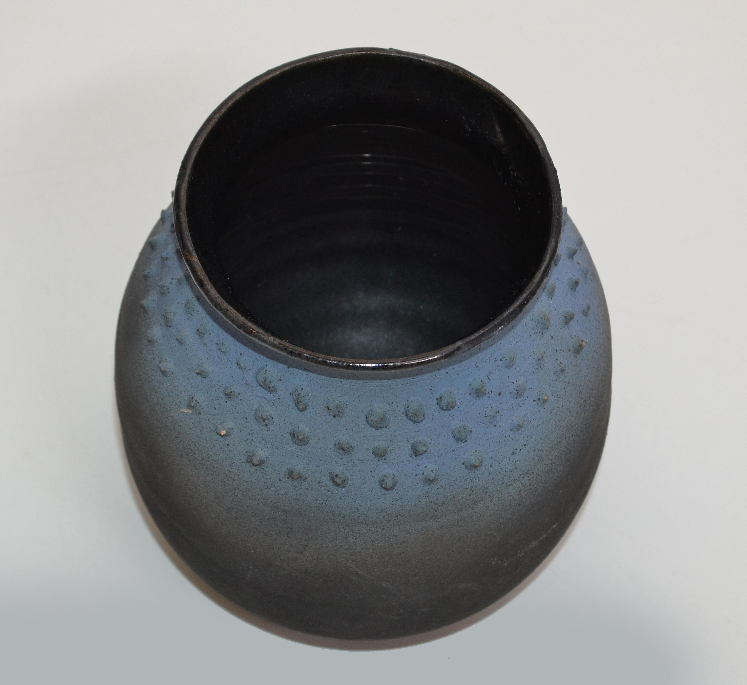Glazed Mid-Century Modern Black & Blue American Raku Vase, Vessel Studio Art Pottery For Sale