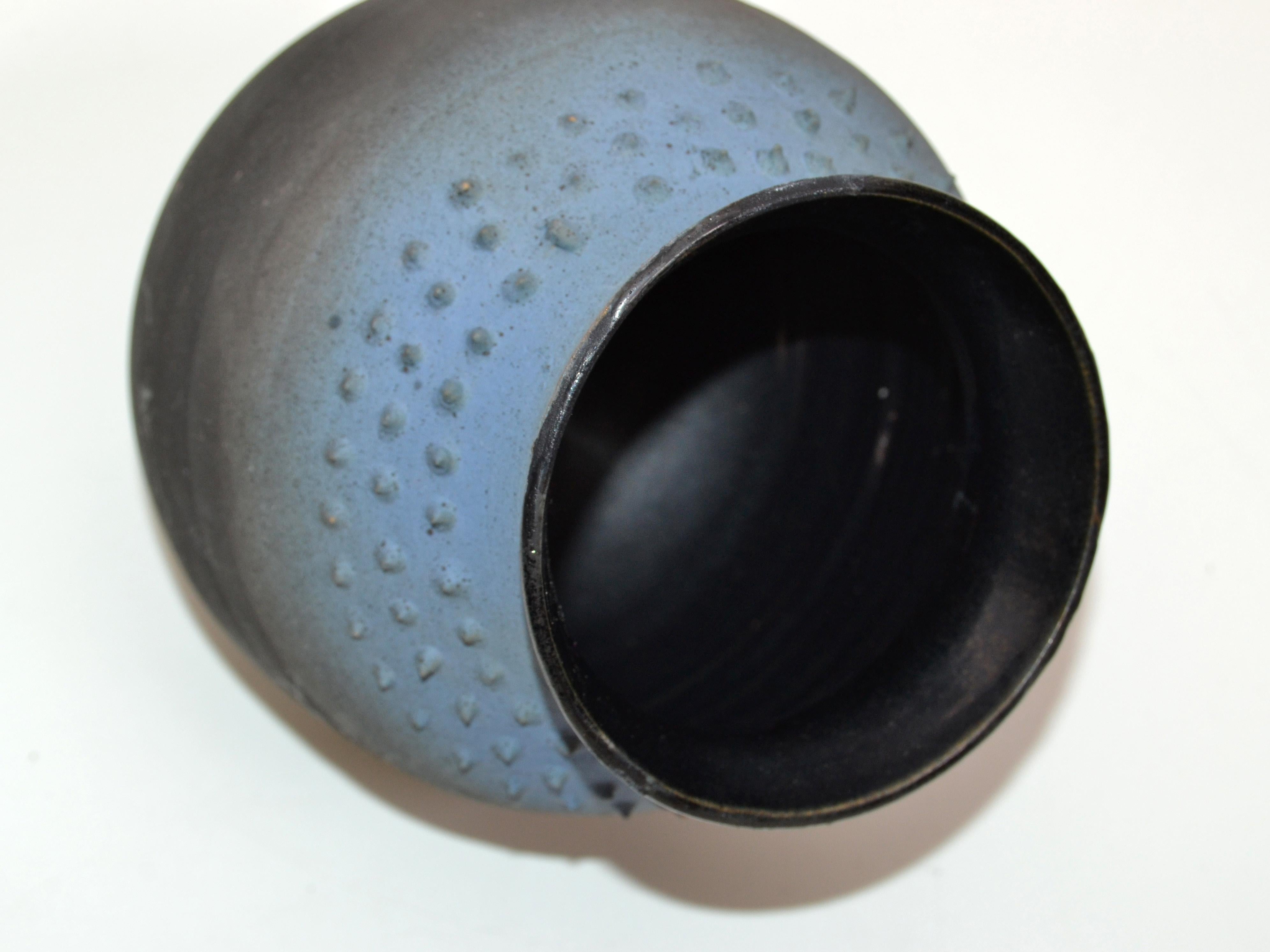 Mid-Century Modern Black & Blue American Raku Vase, Vessel Studio Art Pottery For Sale 2