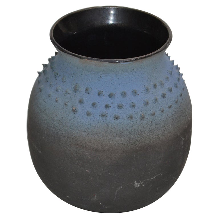 American Raku Mid-Century Modern Black and Blue American Raku Vase, Vessel Studio Art ...