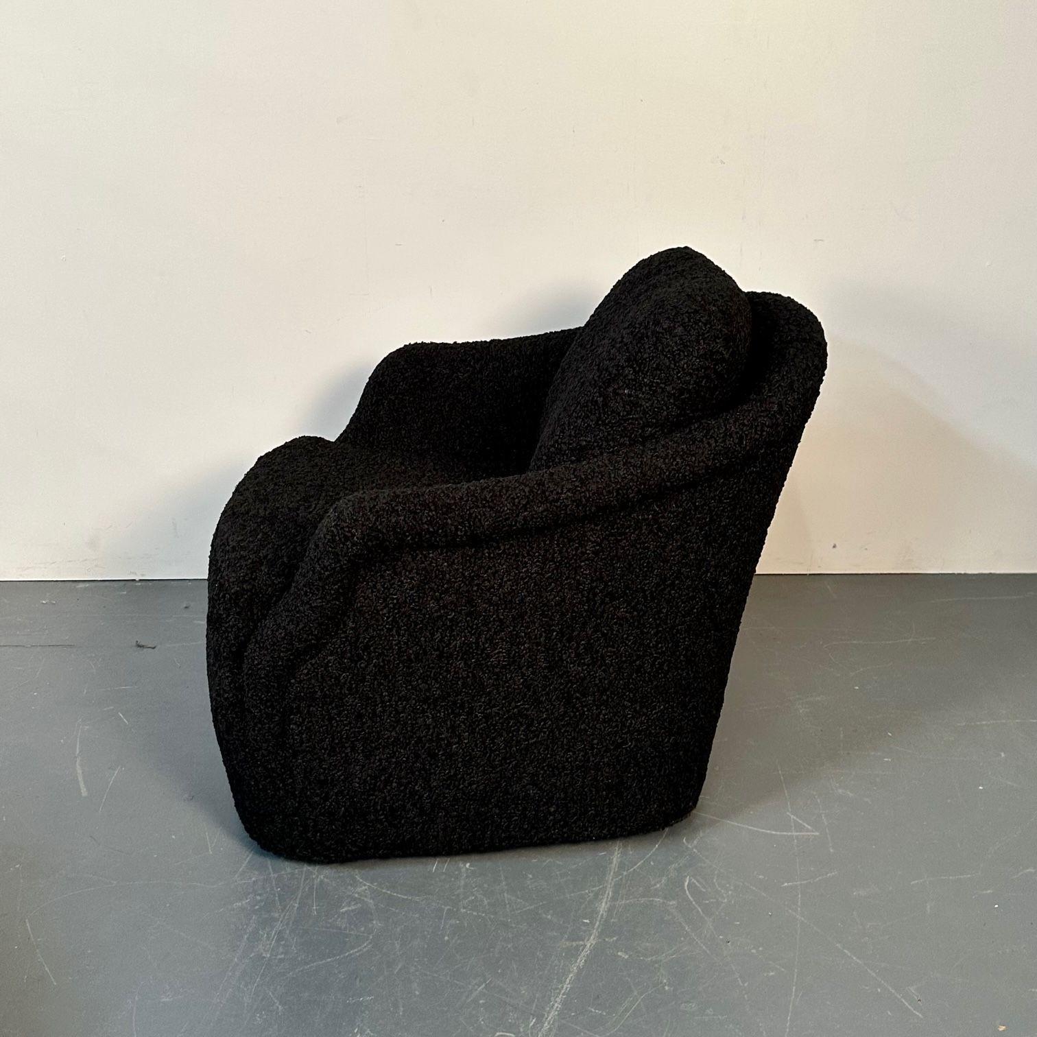 Metal Mid-Century Modern Black Boucle Tub / Swivel / Lounge Chair, Faux Fur For Sale