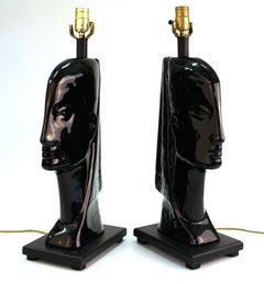 Mid-Century Modern Black Ceramic Head Table Lamps
