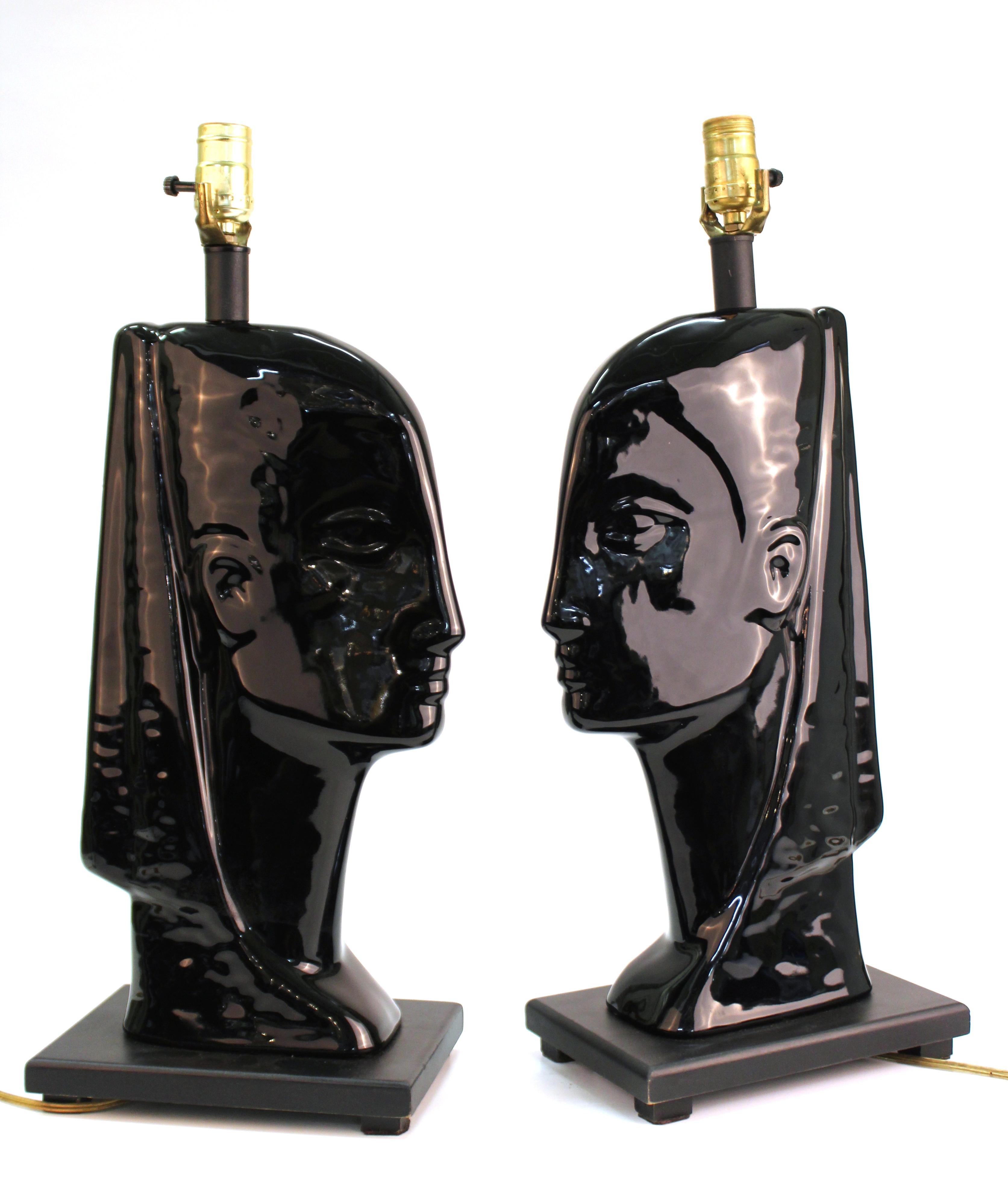 20th Century Mid-Century Modern Black Ceramic Head Table Lamps
