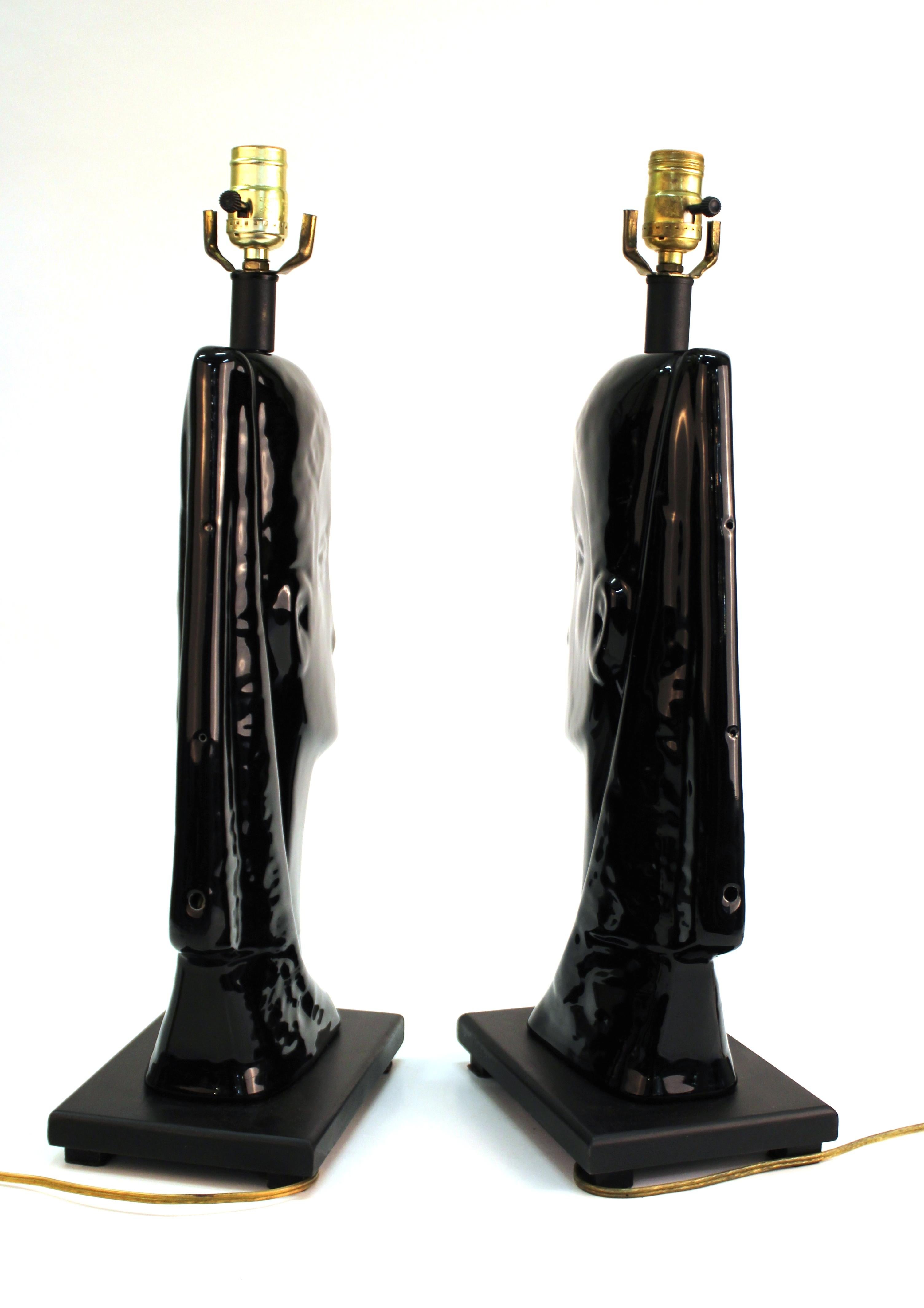 Mid-Century Modern Black Ceramic Head Table Lamps 1