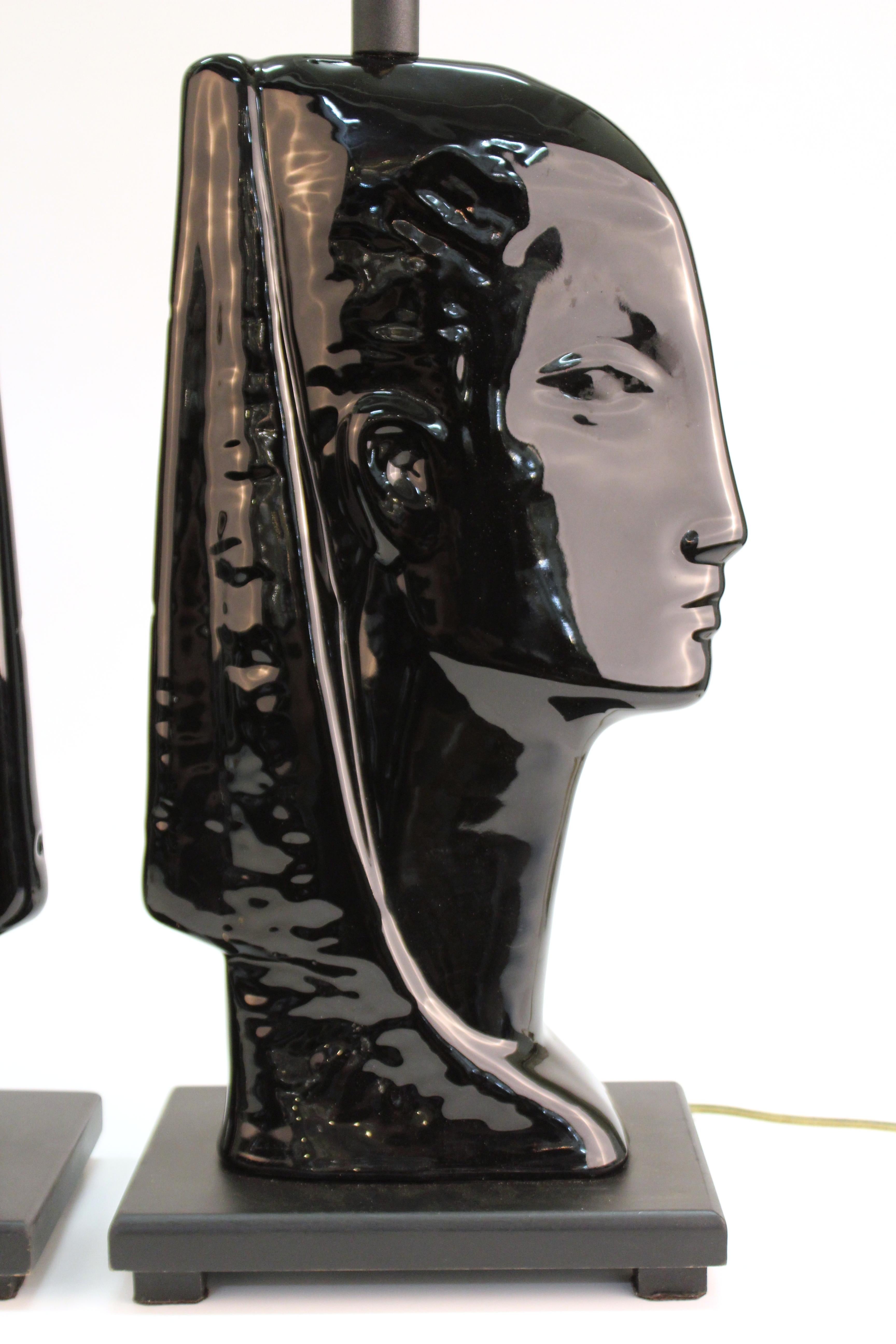 Mid-Century Modern Black Ceramic Head Table Lamps 2