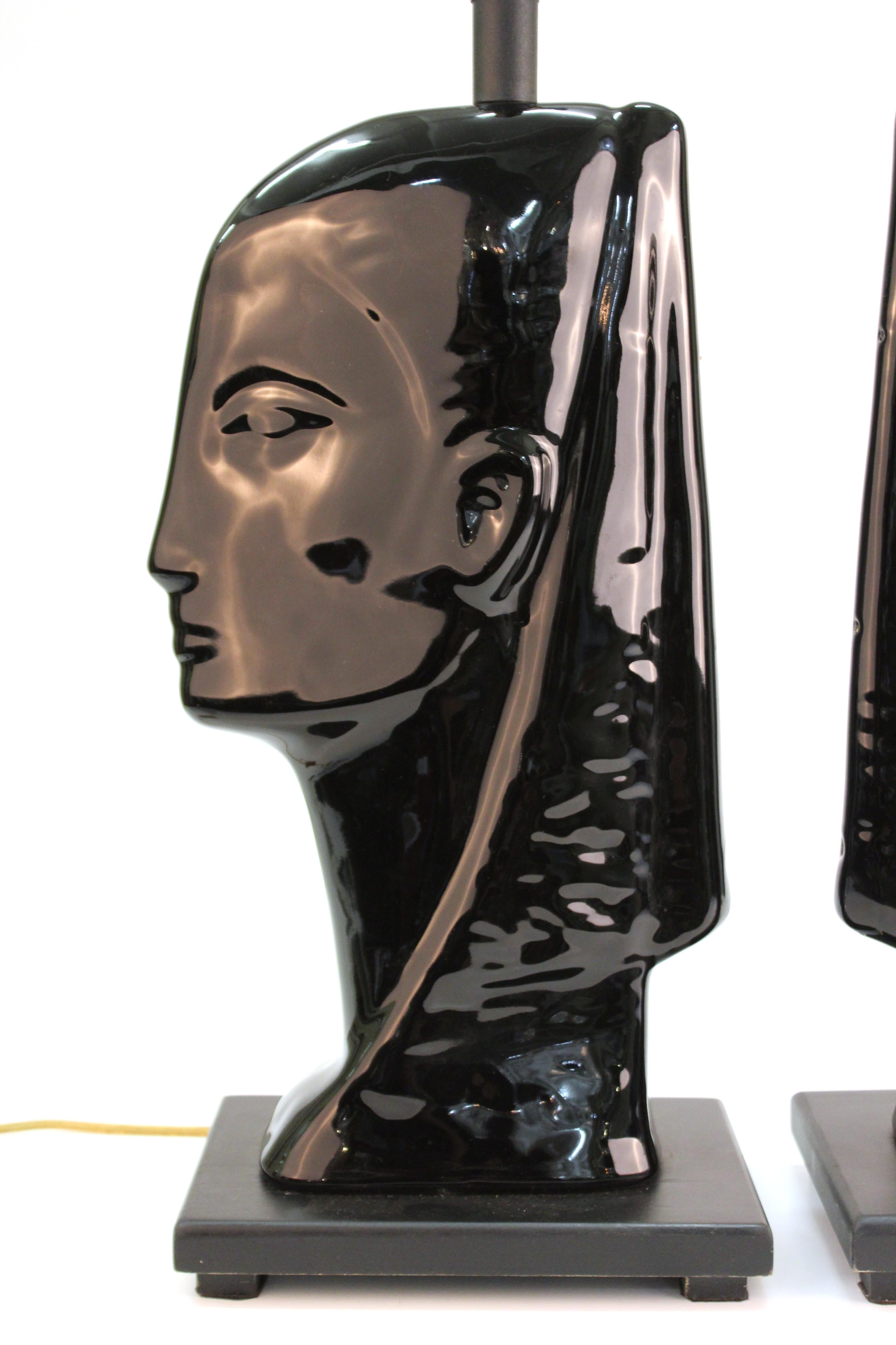 Mid-Century Modern Black Ceramic Head Table Lamps 3