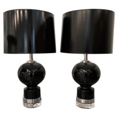 Mid-Century Modern Black Ceramic Lamps with Chrome