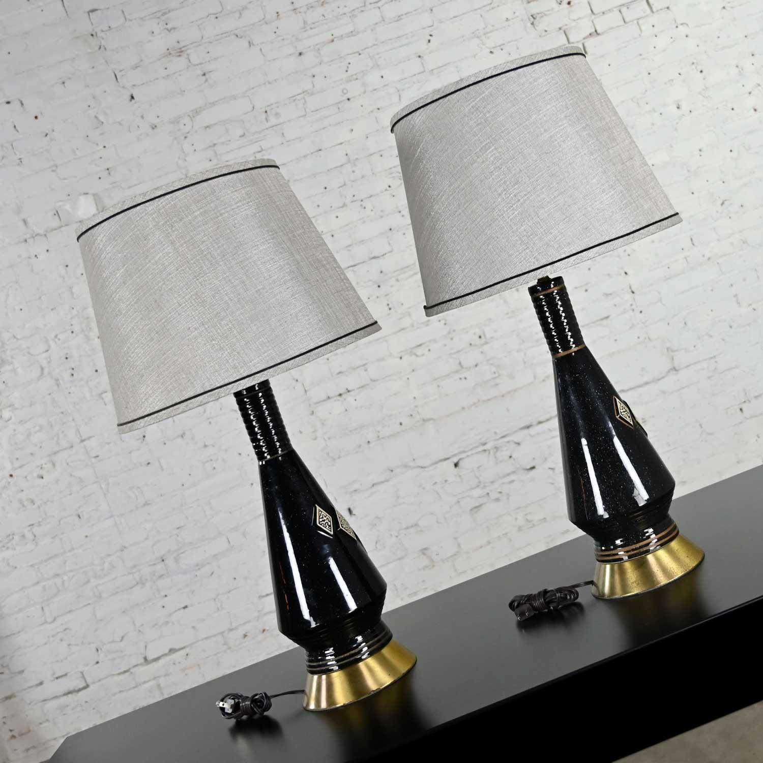 Plated Mid-Century Modern Black Ceramic Lamps with Harlequin Style Diamond Design For Sale