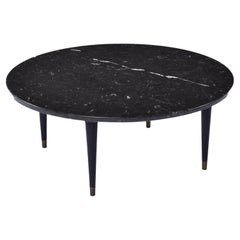 Mid-Century Modern Black Charcoal Gray Marble Round Coffee Table
