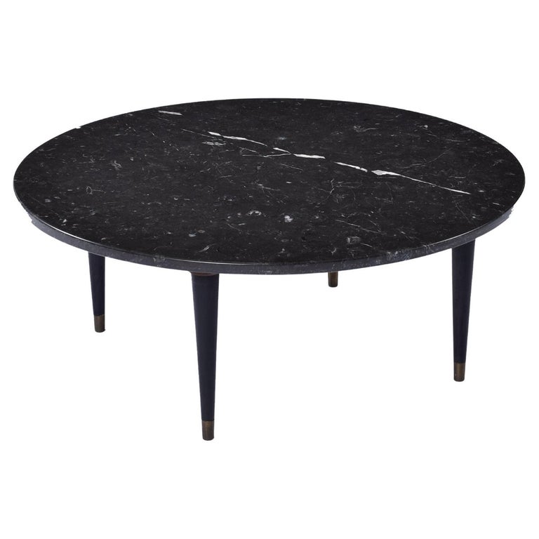 MidCentury Modern Black Charcoal Gray Marble Round Coffee Table For Sale at 1stDibs