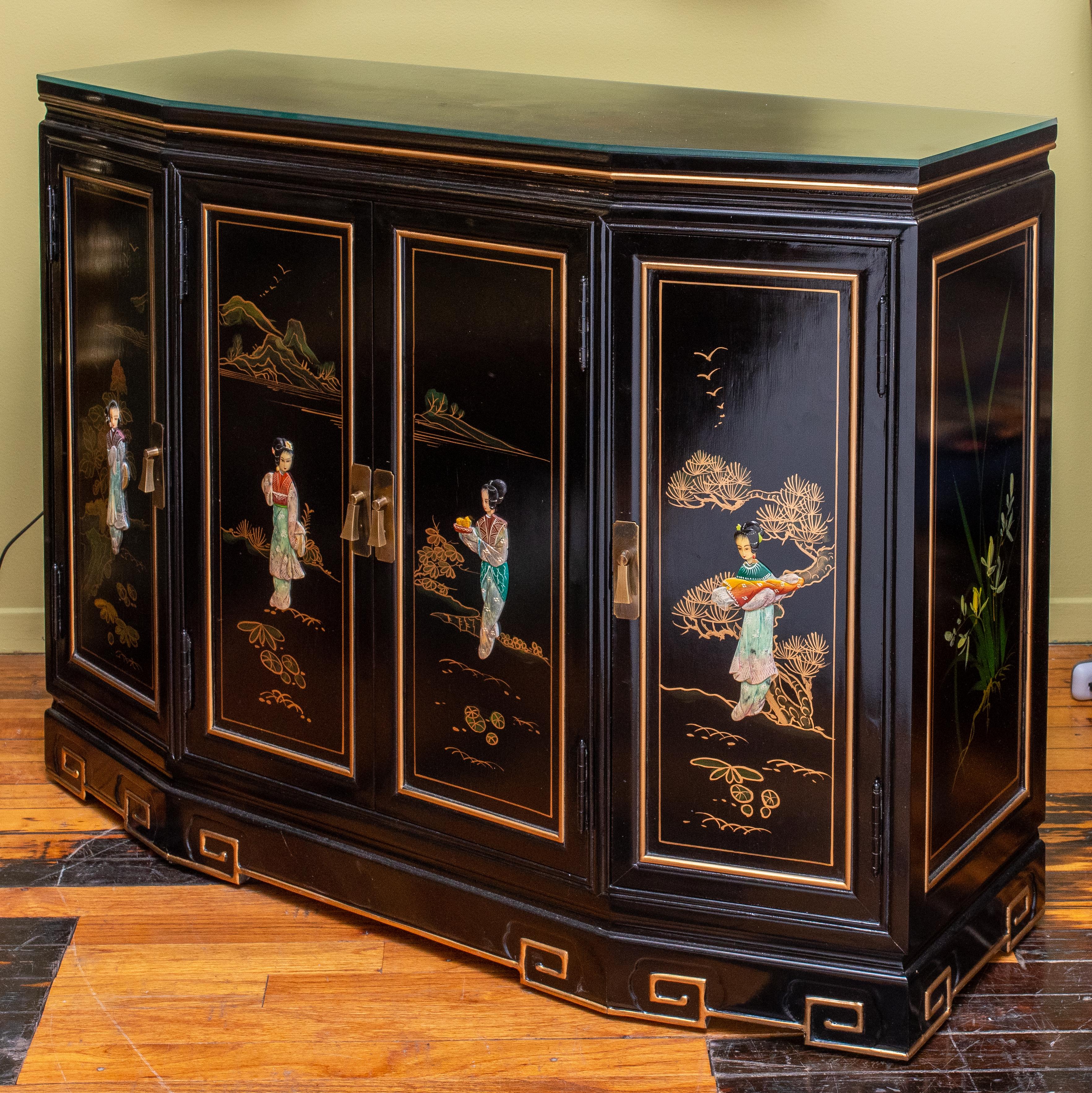 Late 20th Century Mid Century Modern Black Chinese Chinoiserie Credenza